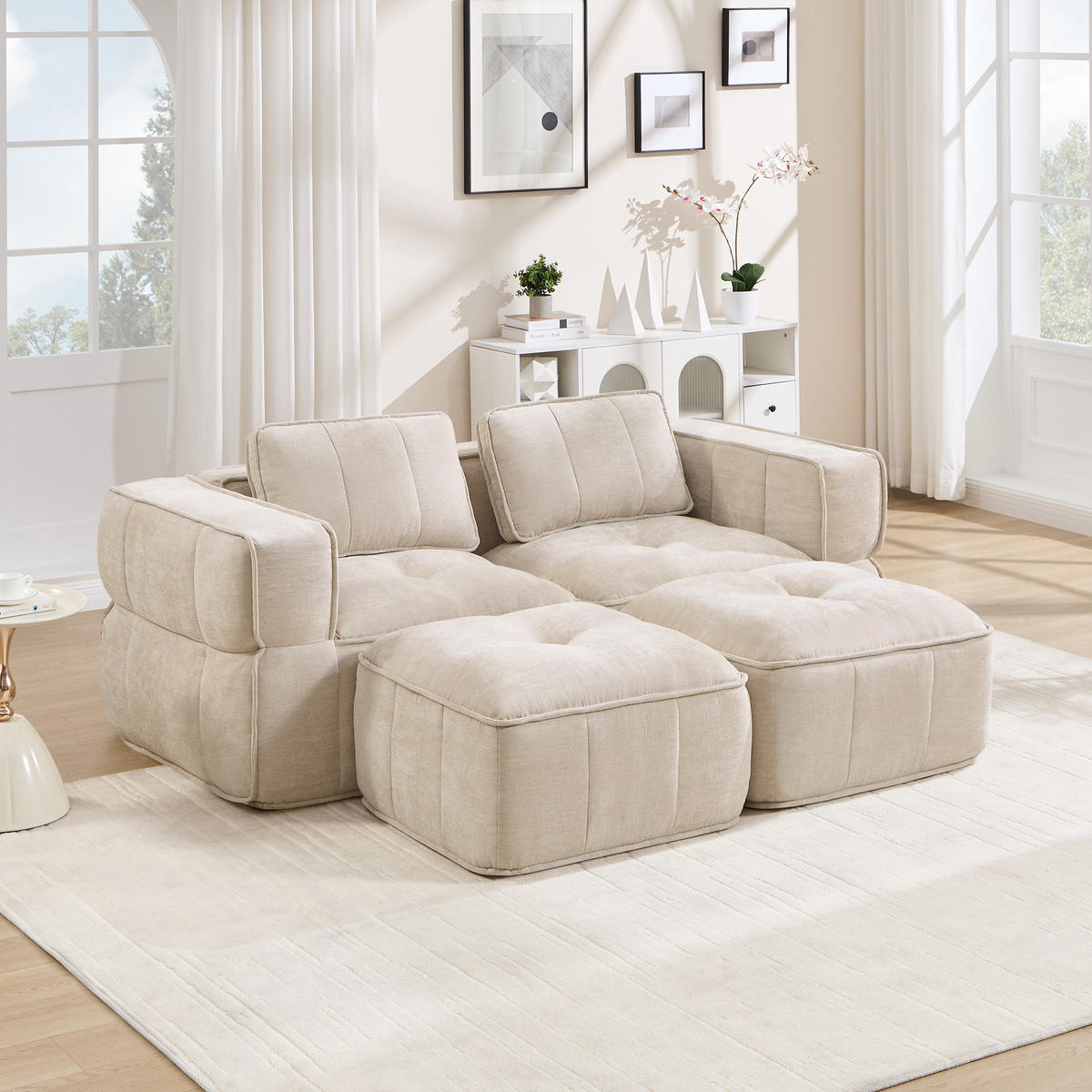 2-SITZER-SOFA DE-34428 modular mit 2 Hockern Beige - Beige, Textil (162/67/198cm) - ComfortXL