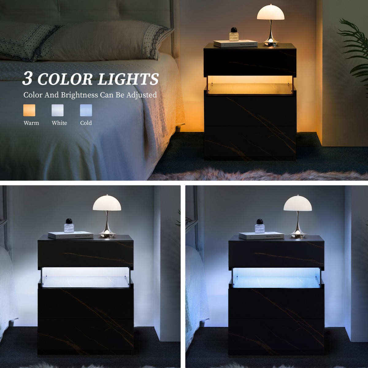 NACHTTISCH 48/38/61 cm mit 3 Schubladen & LED-Beleuchtung in Schwarz/Goldfarben - Schwarz, Holzwerkstoff (38/61/48cm) - BEAOK
