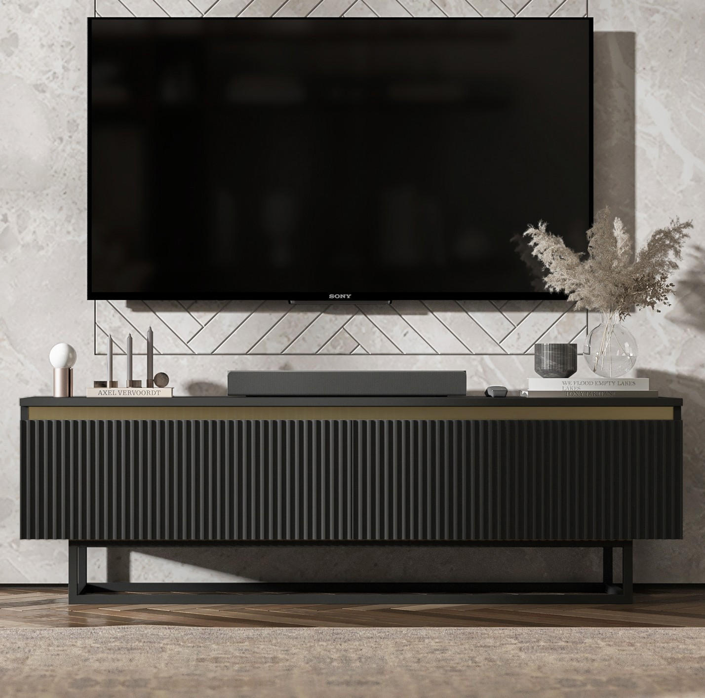 TV-SCHRANK Selene Schwarz Matt mit Metallrahmen 140 cm - Schwarz, Holzwerkstoff/Metall (140/44/35cm) - Meble Lindner