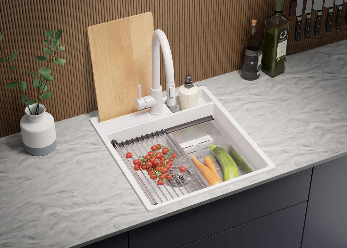 GRANITSPÜLE Oslo Pocket, 2-er set Weiß 48/53 cm 1 Becken + Küchenarmatur 32/20 cm + Ablauf-Set + Küchenzubehörset ab 50er Unterschrank - Chromfarben/Beige, Kunststoff (48/20/53cm) - Primagran