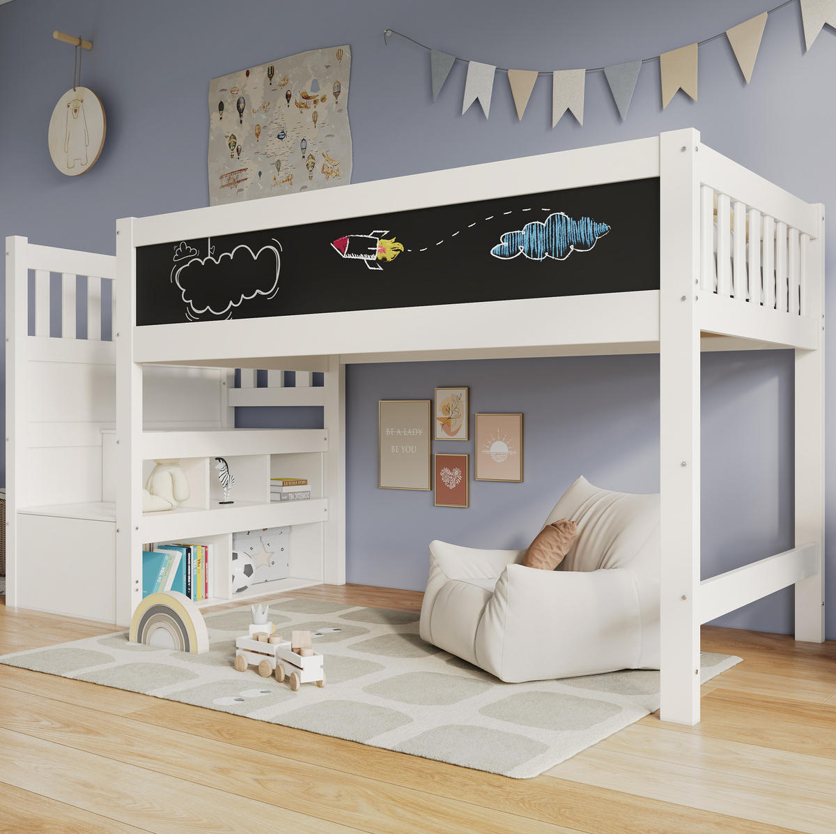 VISOKA postelja 90/200 cm bela z lestvijo in shranjevanjem iz masivnega lesa in MDF - bela, leseni material (90/200cm) - OKWISH