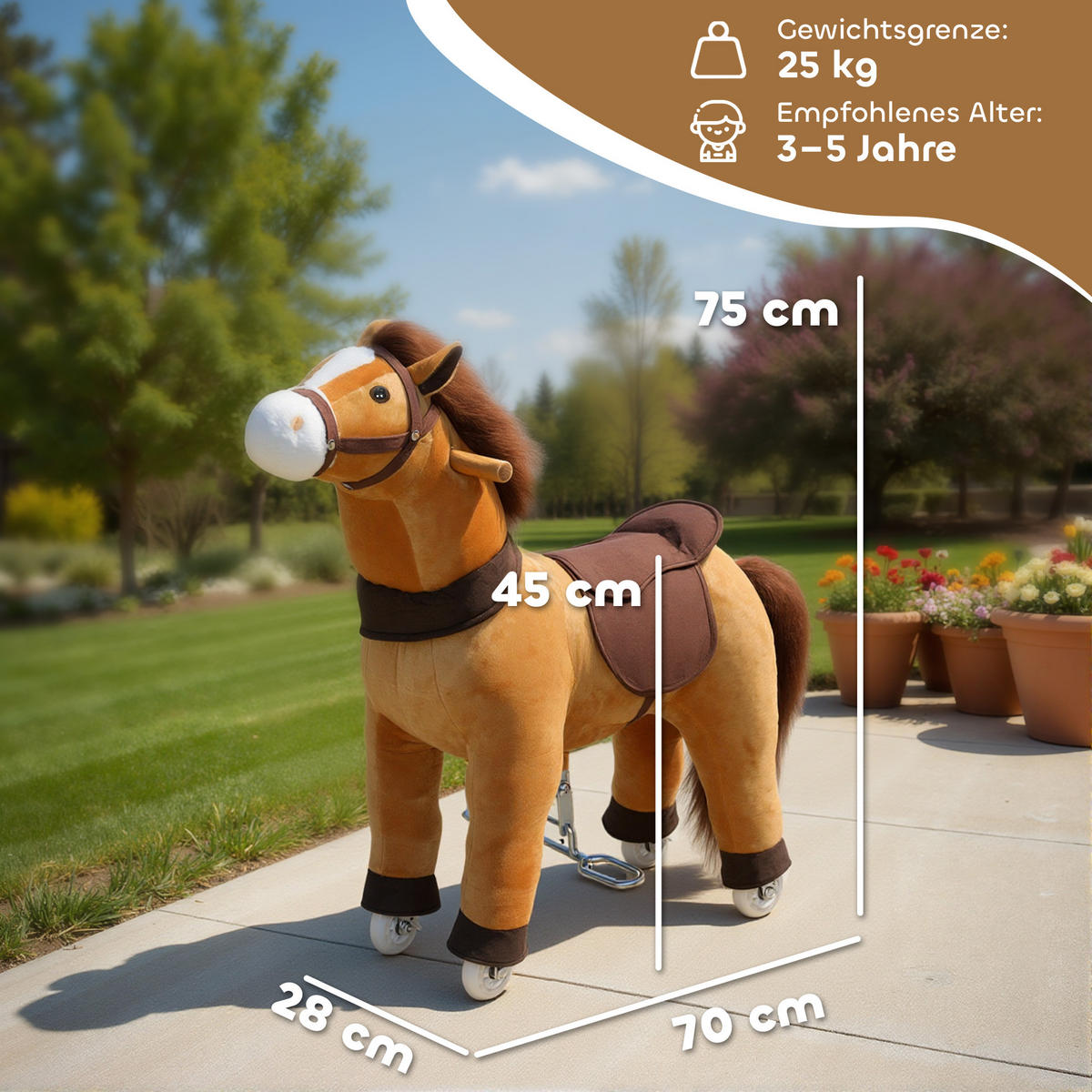 REITPFERD Spielpferd zum Reiten mit Sattel Rollen 75 cm Stehpferd Plüschpferd - Dunkelbraun, Textil (30/75/70cm) - AIYAPLAY