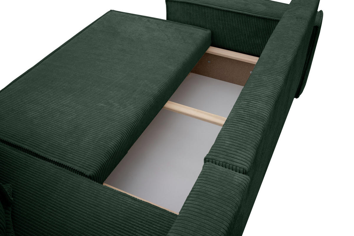 ECKSOFA Hugo L in L-Form mit Schlaffunktion und Bettkasten, Farbe: Grün, Cordstoff, Ottomane Unsiversal - Grün, Textil (244/145cm) - VENASI MÖBEL