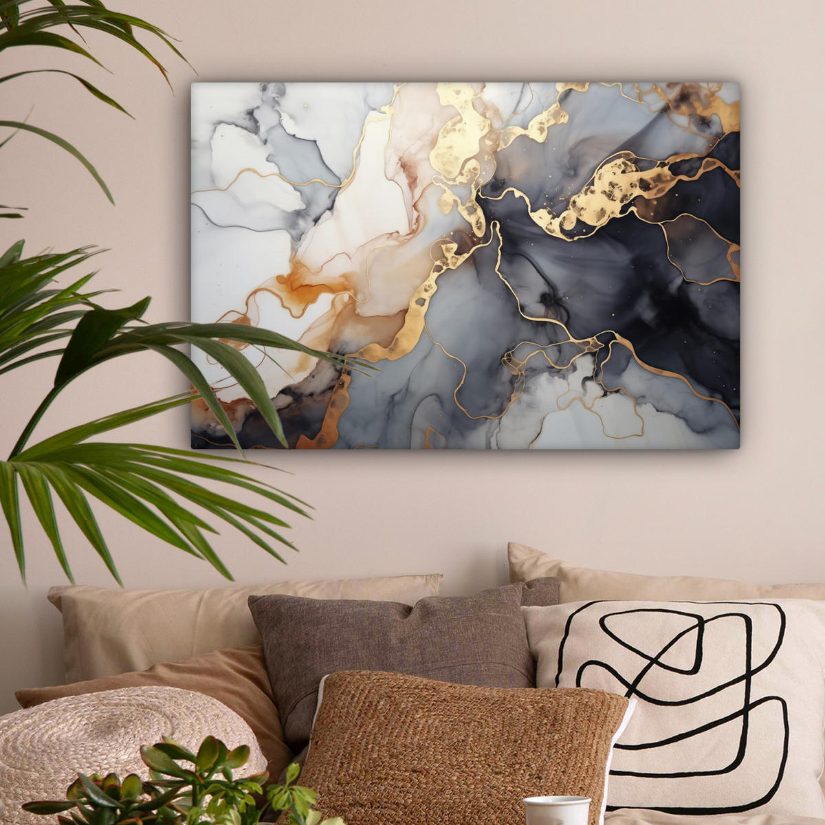 LEINWANDBILD Marmor - Schwarz - Gold - Weiß Gemälde 60x40 cm - Dunkelgrau, Textil (60/40cm) - MuchoWow