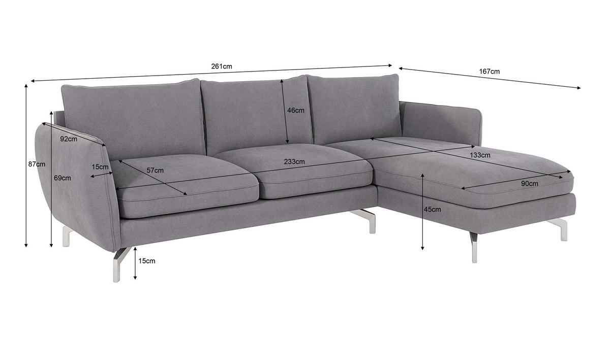 ECKSOFA Elou Grau Microfaser - Chromfarben/Grau, Holz/Textil (261/167cm) - S-Style Möbel