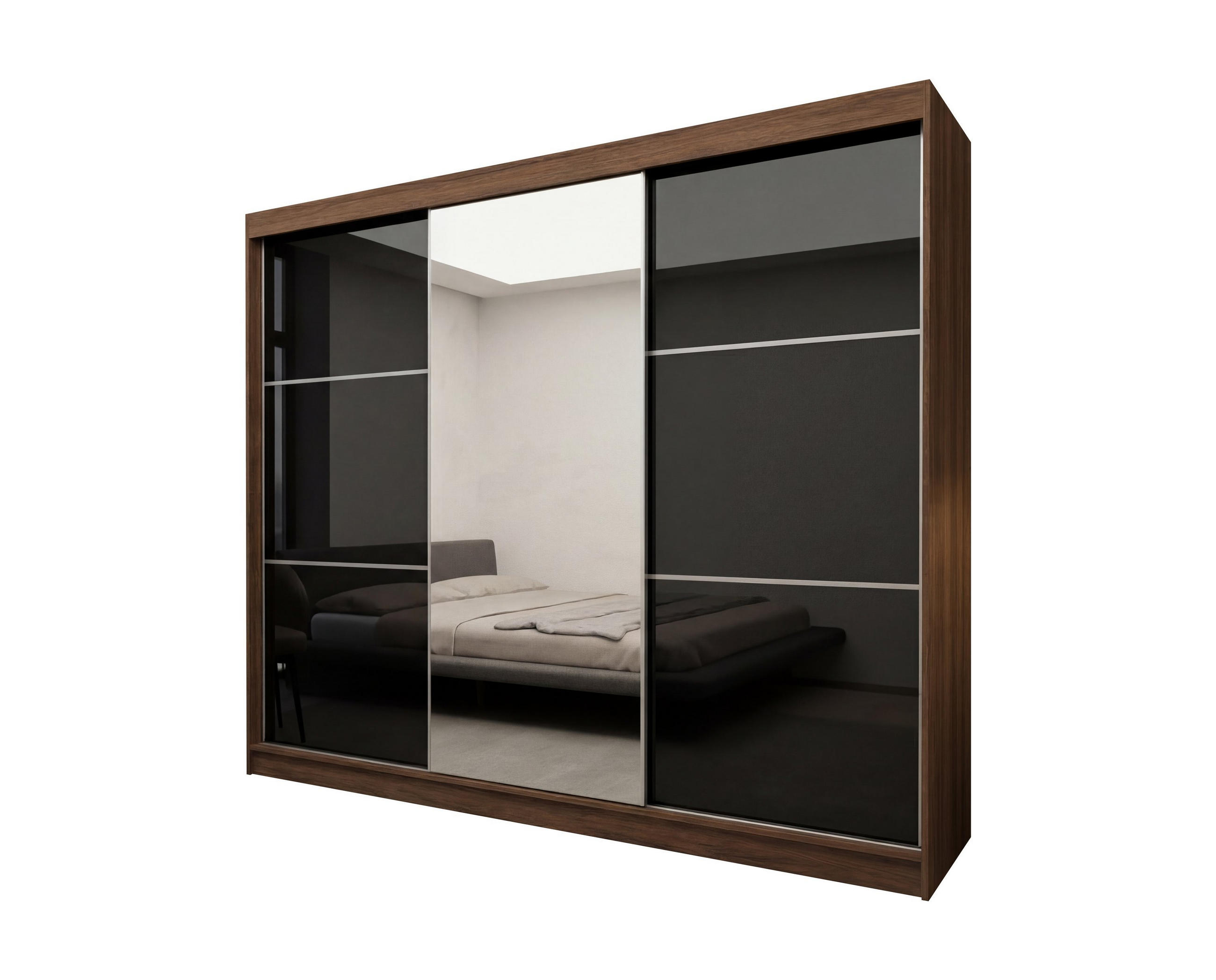 SCHWEBETÜRENSCHRANK VITALE 240/216/61 cm Modern Kleiderschrank 3-türig mit Spiegel Nussbaumfarben - Nussbaumfarben/Schwarz, Holzwerkstoff (240/216/61cm) - MASSENO