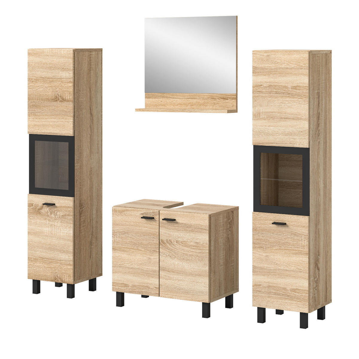 BADMÖBEL-SET Eiche 4-teilig 140 cm, Komplettset hängend oder stehend - Eichefarben/Schwarz, Glas/Holzwerkstoff (137/186/33cm) - Inn.Furn