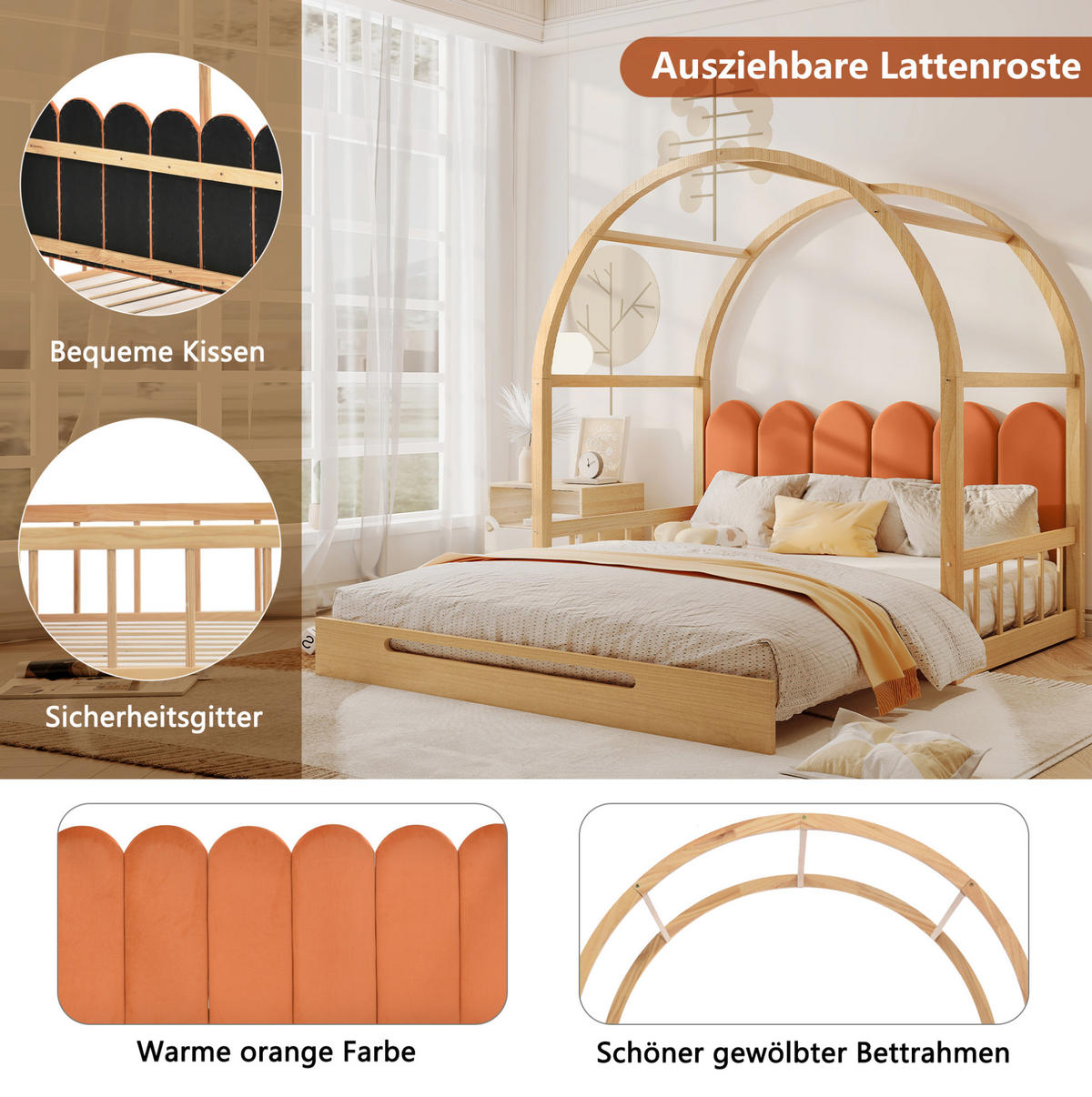 KINDERBETT 140/100/200 cm in Hausform aus Kiefernholz mit Ausziehfunktion - Naturfarben, Holzwerkstoff (140/200cm) - BEAOK