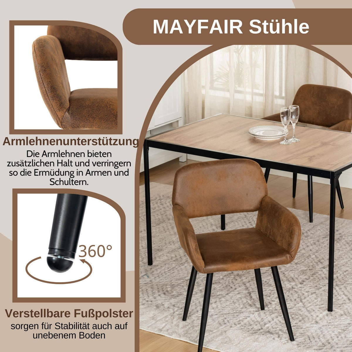 ARMLEHNSTUHL-SET 4 Stück Braun und Beige - Beige/Braun, Holzwerkstoff/Textil (56/76.5/53cm) - Urban Meuble