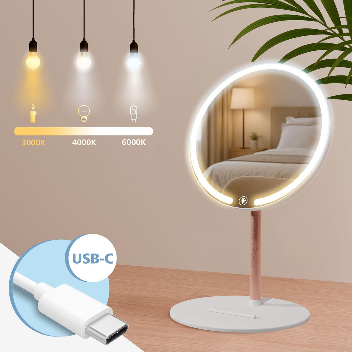 SCHMINKSPIEGEL rund 19 cm Kunststoff Weiß - Weiß, Kunststoff (19/31/19cm) - CLP