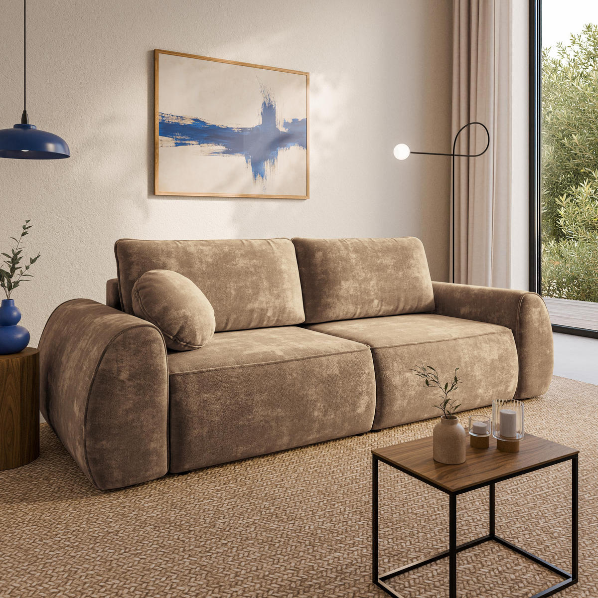 BETTSOFA ZEFEO Beige Chenille-Stoff mit Schlaffunktion - Beige, Textil (264/96/106cm) - MASSENO