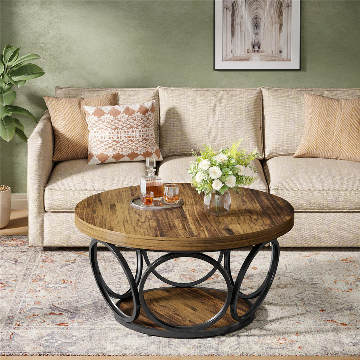 COUCHTISCH rund 80/80/42.5 cm 2 Ebenen Holz Stauraum modern - Braun, Holz (80/80/42.5cm) - Kaket