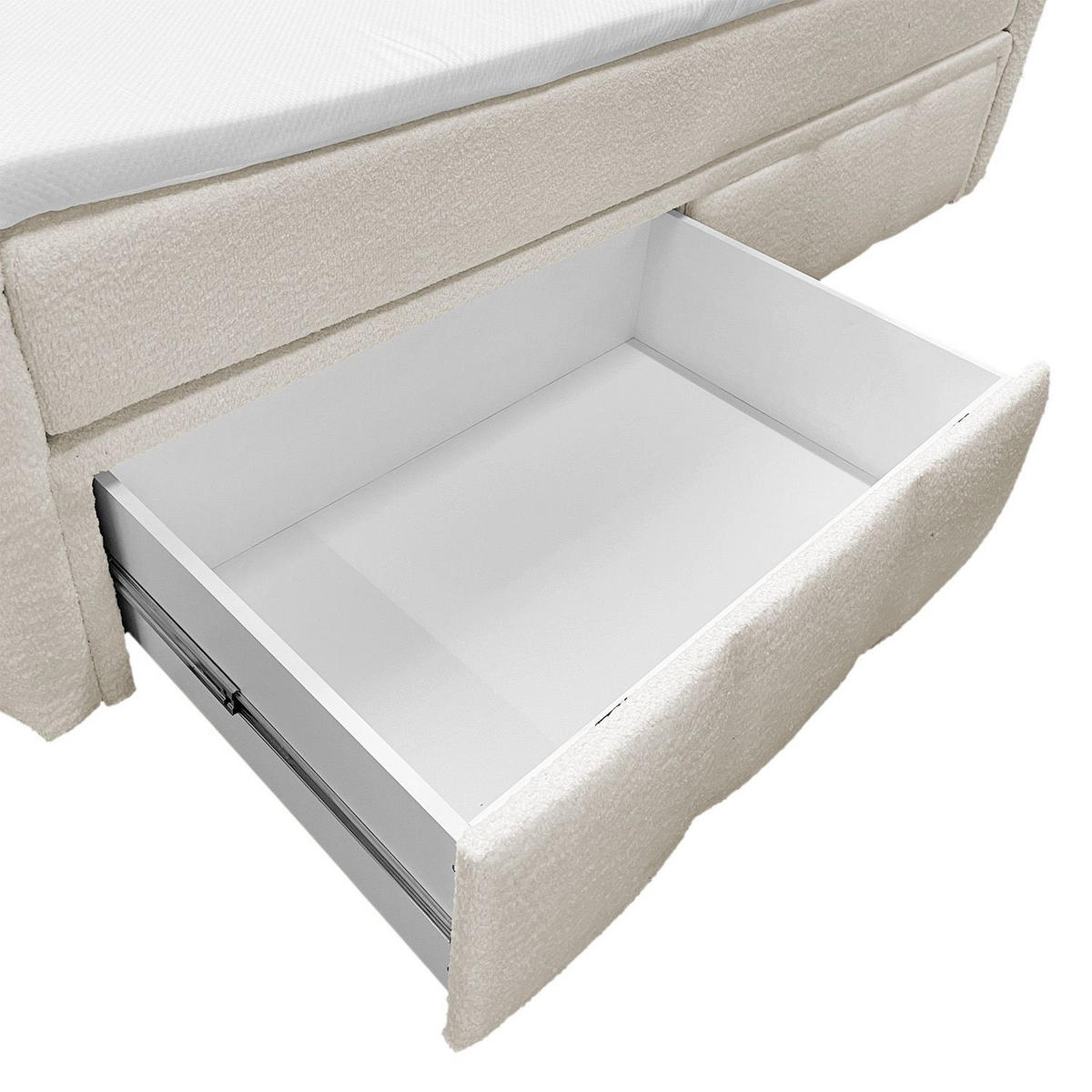 BOXBETT Manitoba 180/200 cm Bouclé Creme mit Bettkasten - Creme, Textil (180/200cm) - Juskys