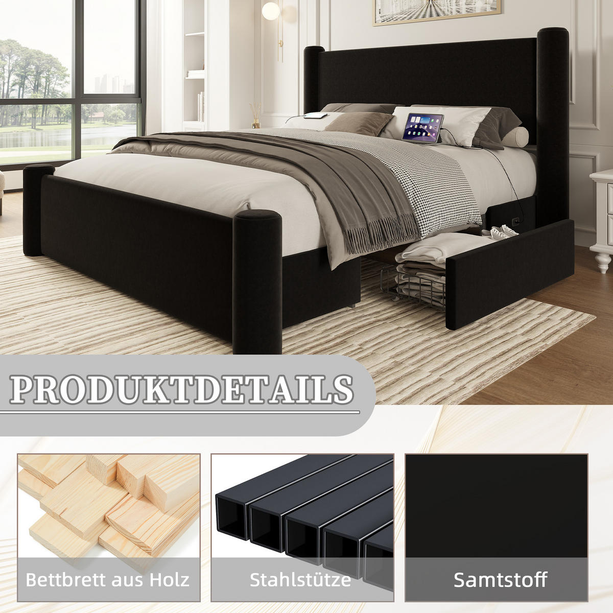 POLSTERBETT 140/200 cm Schwarz mit 2 Stauraumschubladen und USB-Ports - Schwarz, Textil (140/200cm) - OKWISH