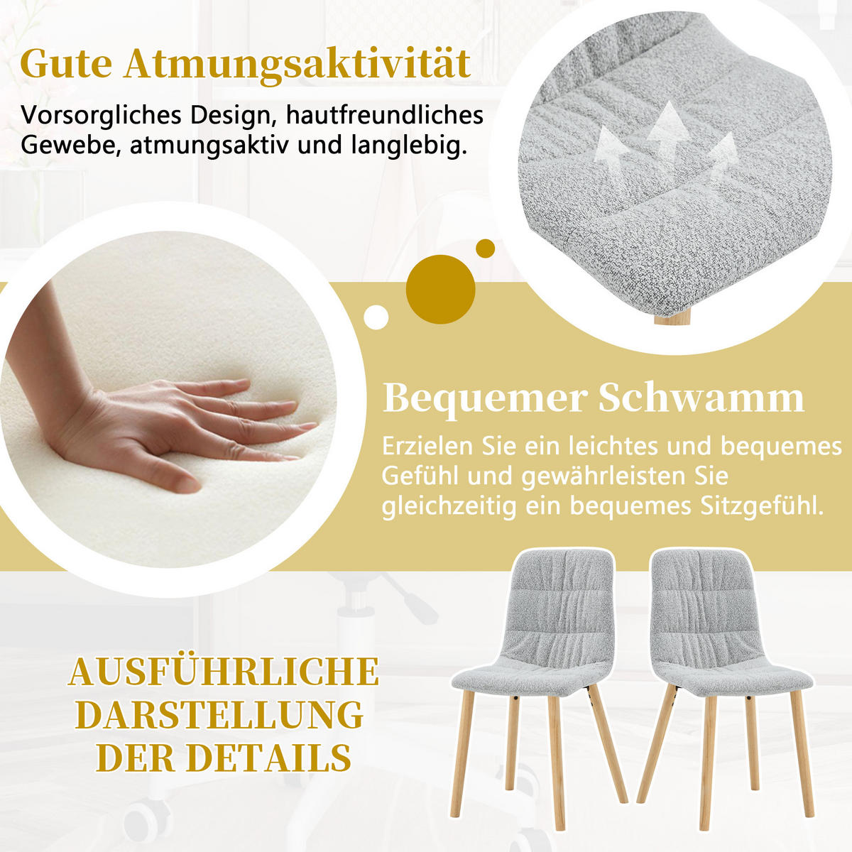 STUHL-SET DE-36643 2 Stück mit Stoffbezug und Massivholzbeinen Hellgrau - Hellgrau, Holz (48/88/44cm) - ComfortXL