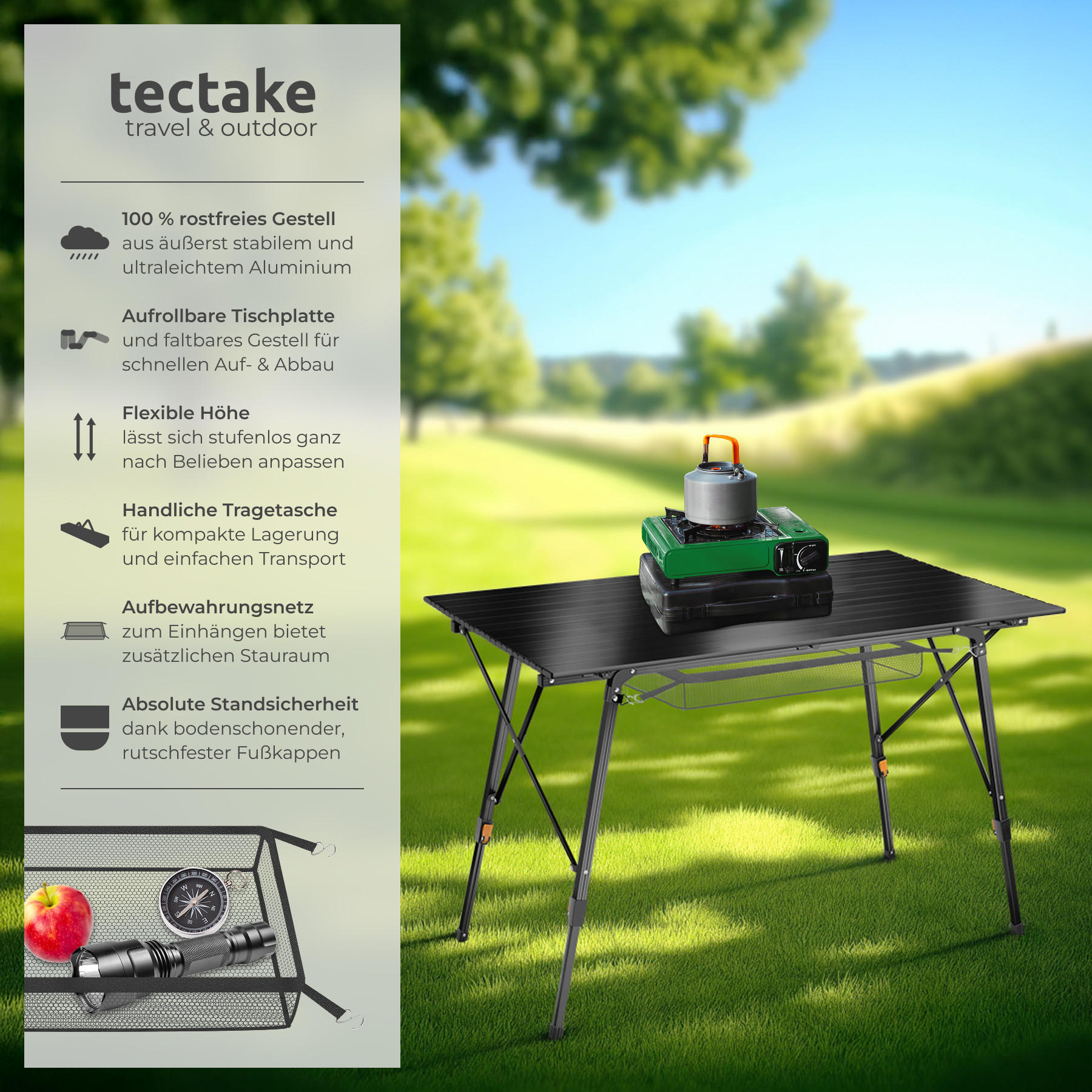 CAMPINGTISCH Bastian,120 x 70,5 x 58 – 79 cm,schwarz - Schwarz, Metall (120/70.5/79cm) - tectake