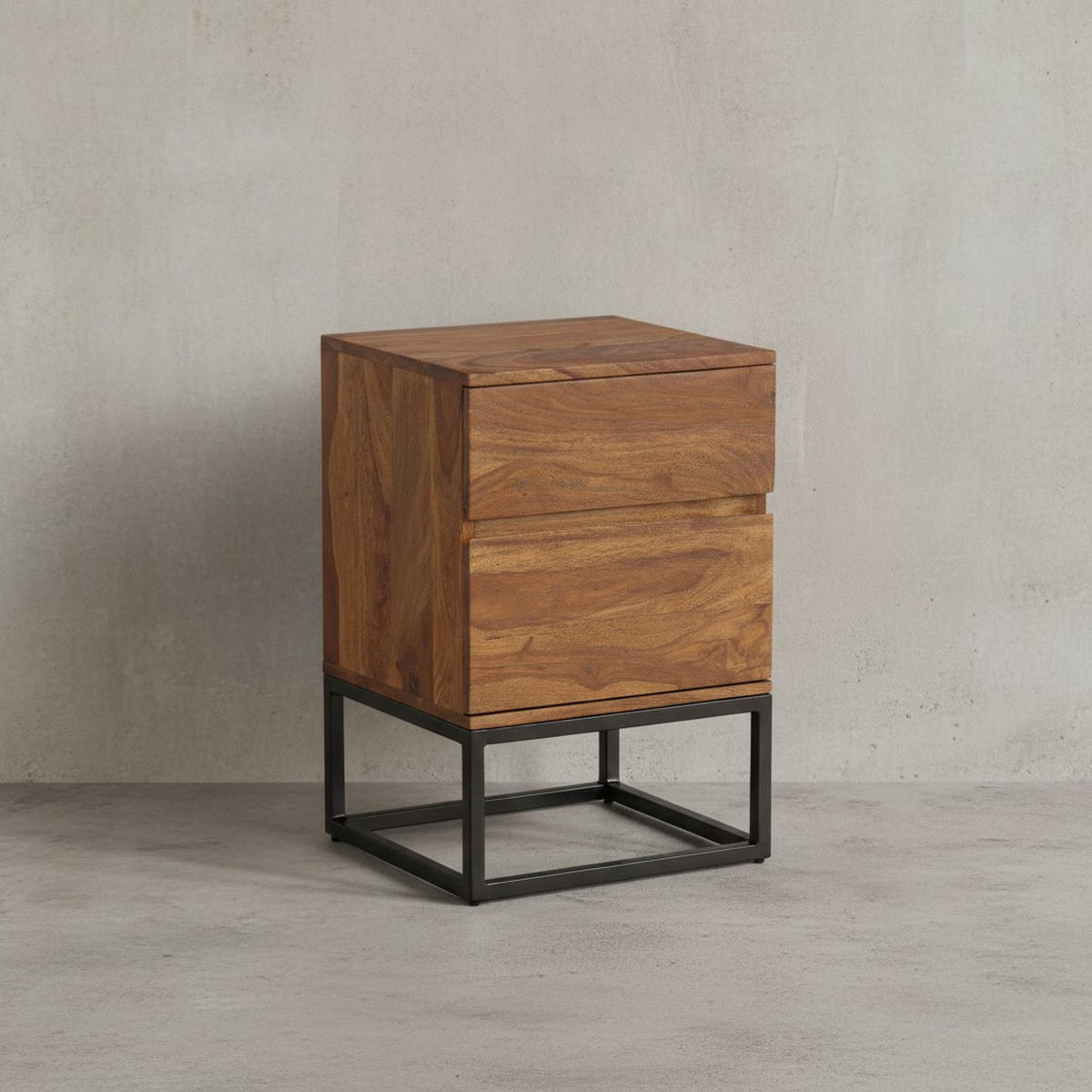 NACHTTISCH – Massivholz/Metall, 40x38x60 cm, 2 Schubladen, Industrial-Stil - Sheeshamfarben/Schwarz, Holz/Metall (40/60/38cm) - KADIMA DESIGN