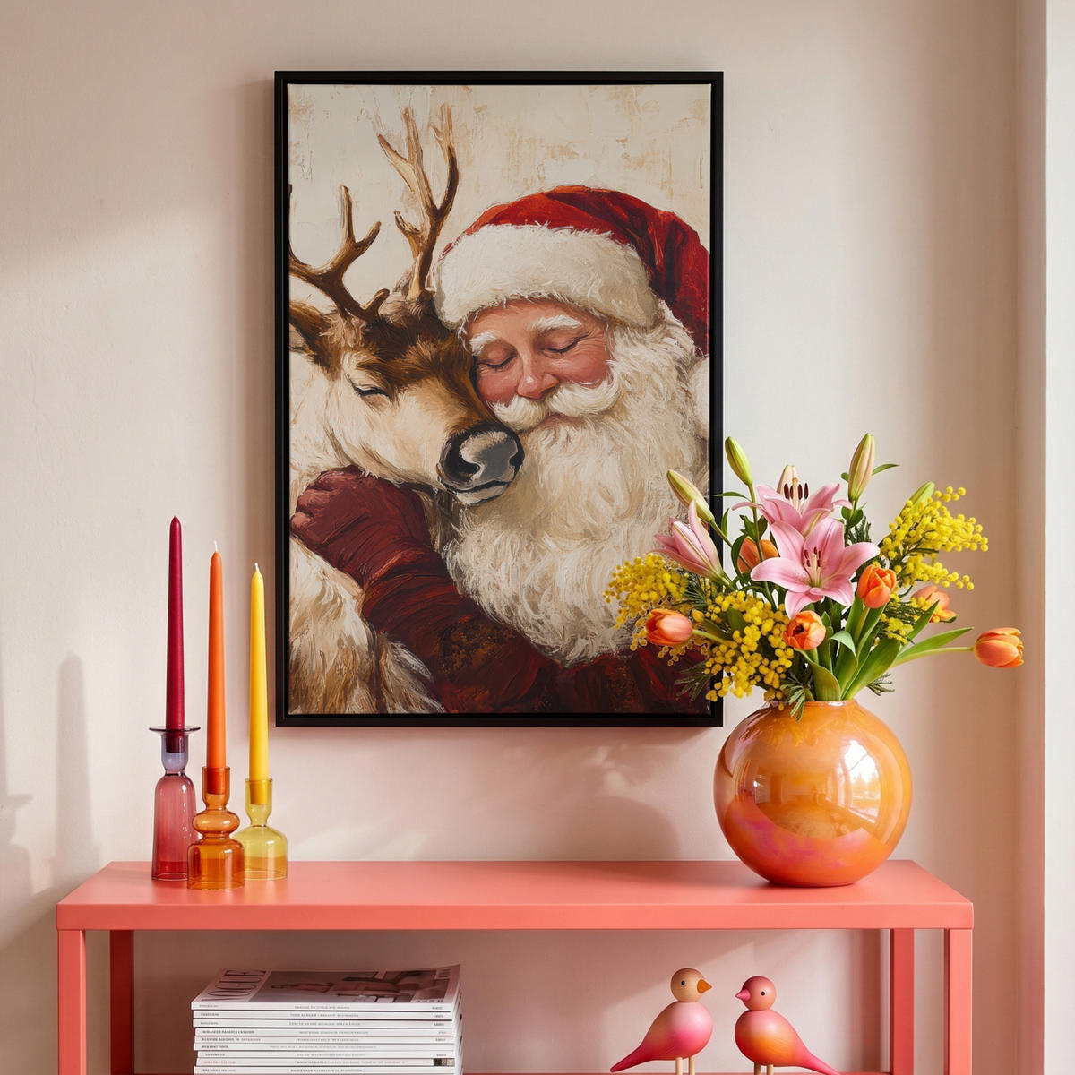 LEINWAND Bilder mit Rahmen - Weihnachtsmann - Rentier - Weihnachten - 40x60 - Rotbraun, Textil (40/60cm) - MuchoWow