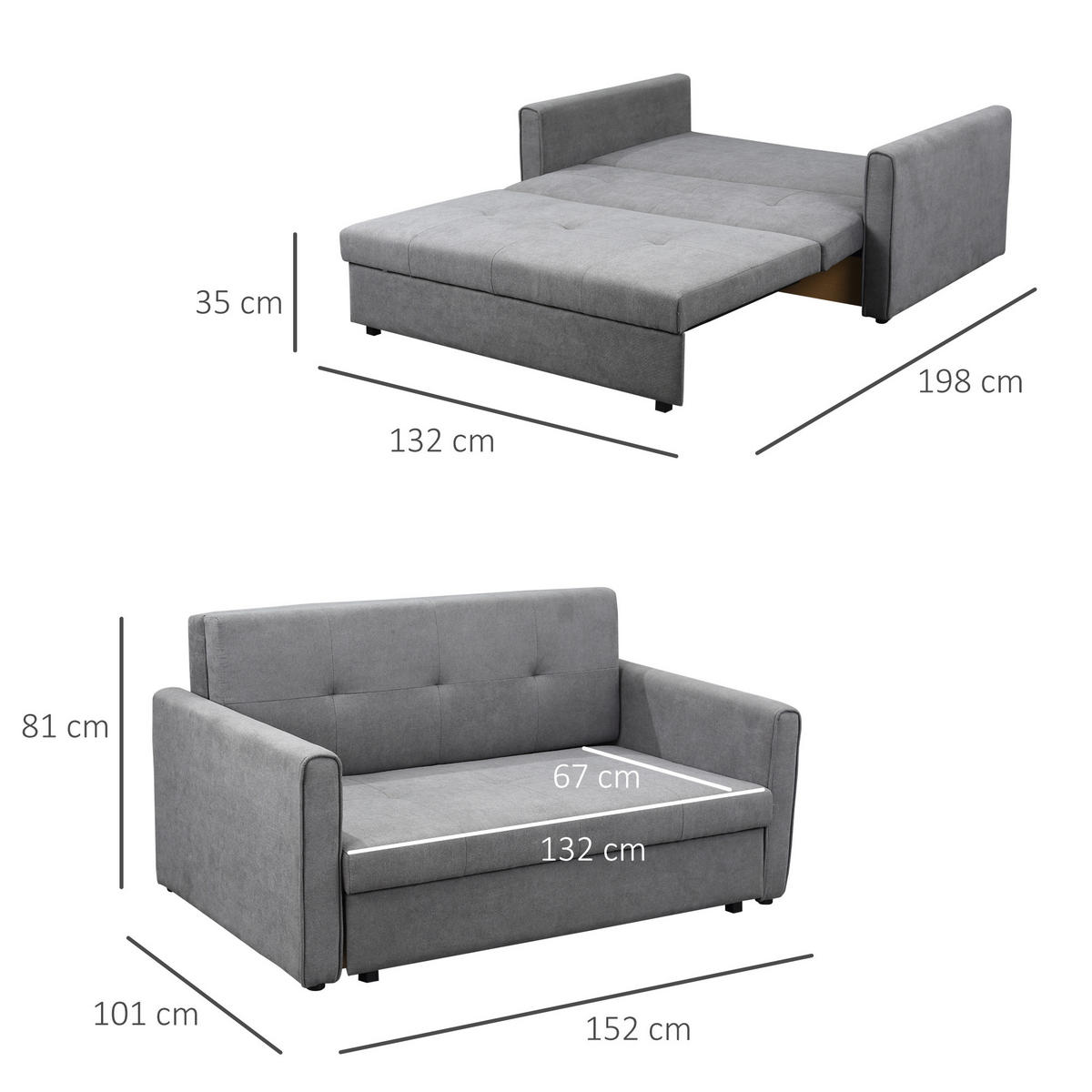 SCHLAFSOFA, Polyester, Holz, Grau - Grau, Holzwerkstoff/Kunststoff (101/81/152cm) - HOMCOM