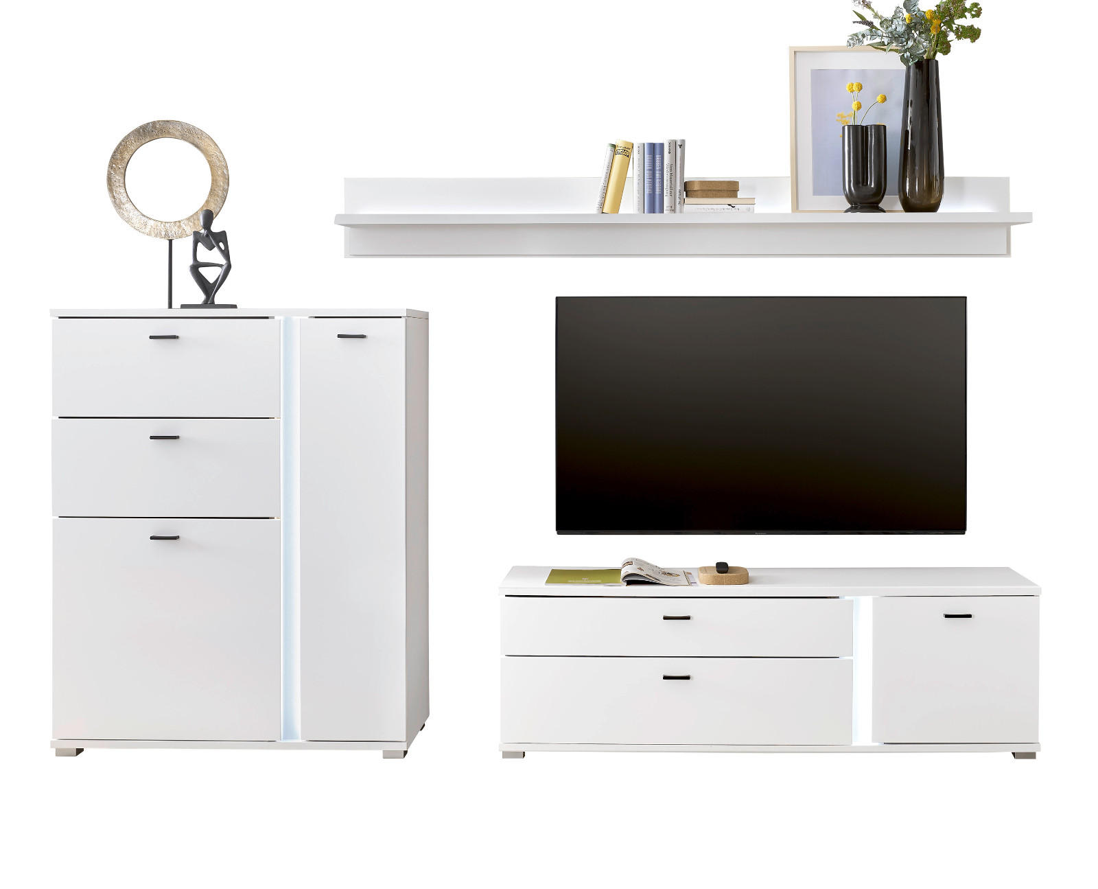WOHNWAND weiß matt, Wohnkombination inklusive Frontbeleuchtung 260 cm - Weiß, Holzwerkstoff (260/170/42cm) - Furn.Design