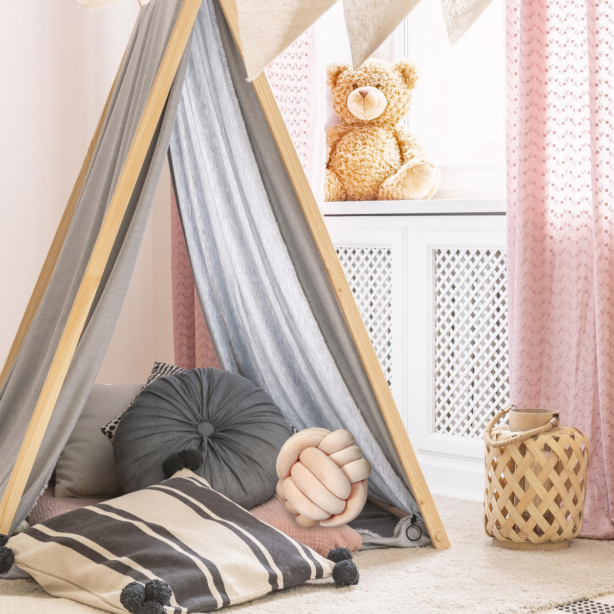 KNOTENKISSEN - Beige, Textil (25/25cm) - Relaxdays
