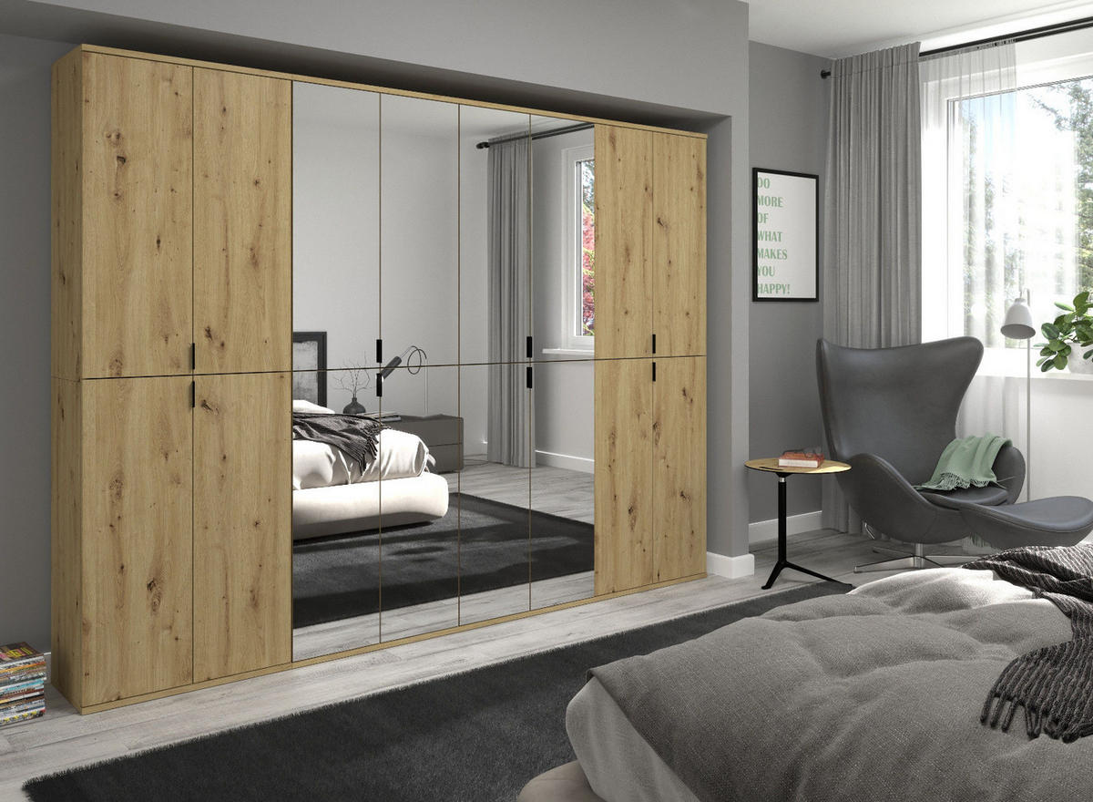 KLEIDERSCHRANK Eiche Artisan 244 cm, Stauraumschrank mit Spiegel - Schwarz/Eiche Artisan, Glas/Holzwerkstoff (244/193/34cm) - Inn.Furn