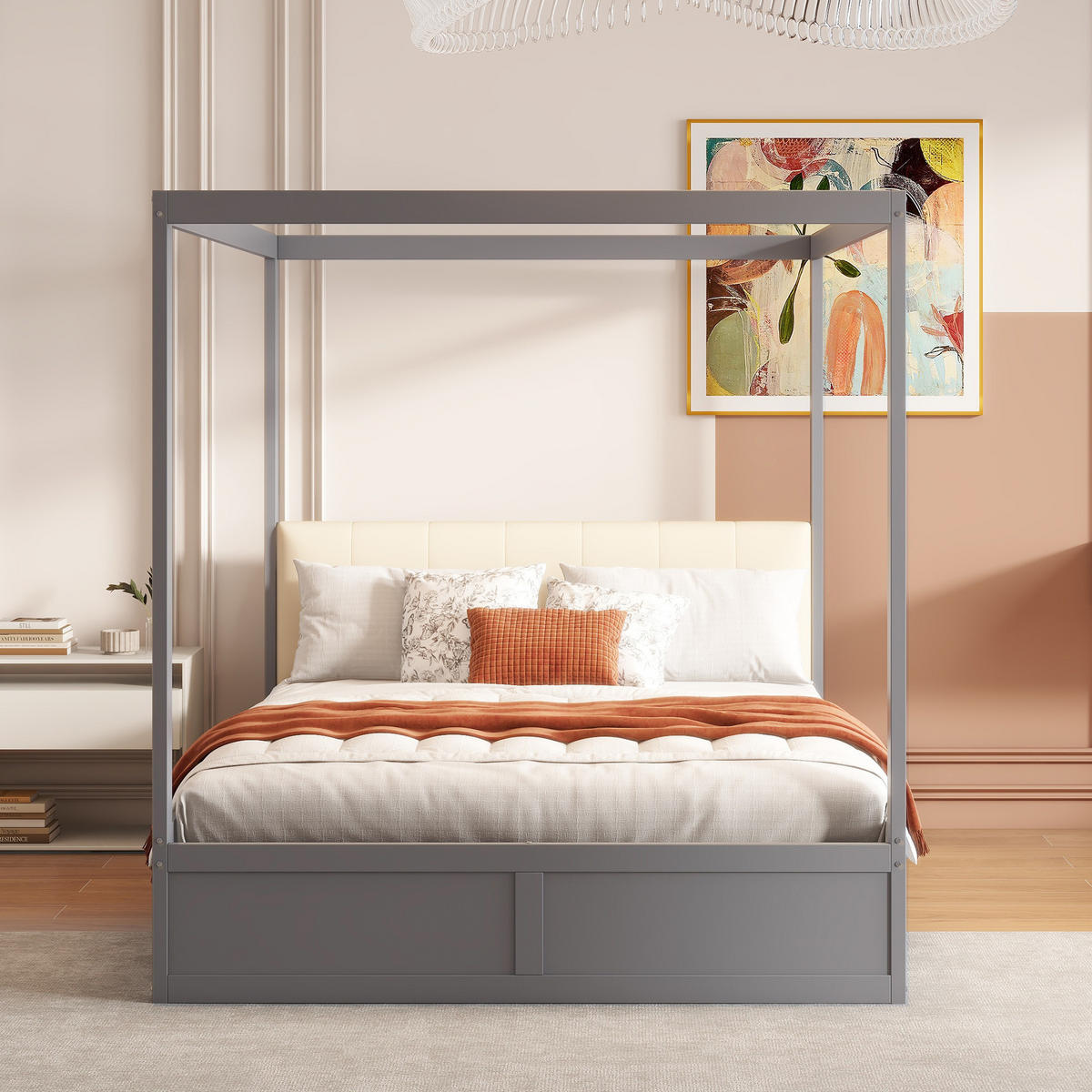 KINDERBETT 140/200 cm mit Zeltdesign, gepolsterter Rückenlehne und 2 Schubladen, Weiß/Grau - Grau, Holzwerkstoff (140/200cm) - Redom