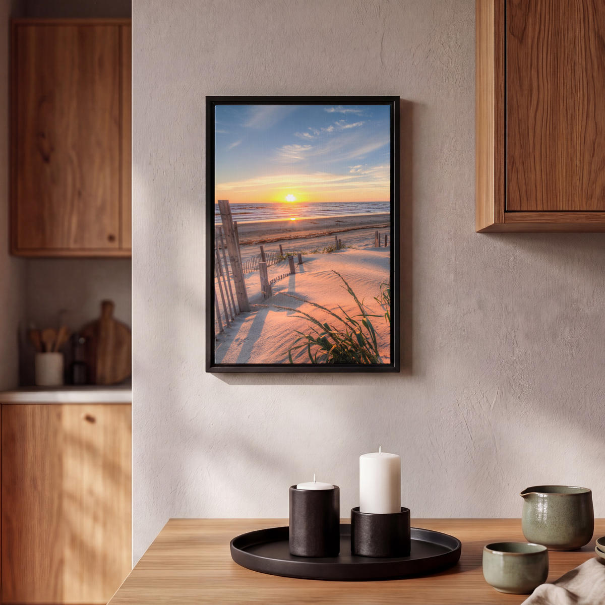 LEINWAND Bilder mit Rahmen - Strand - Meer - Düne - Sonnenuntergang - Landschaft - 20x30 - Beige, Textil (20/30cm) - MuchoWow