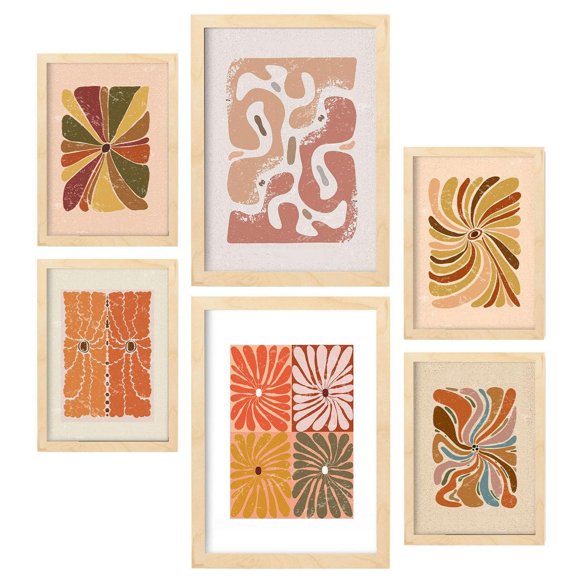 POSTER Set Mit 6 Drucken Abstrakter Blume Ethnischens Dekorative Rahmen Für Ihr Wohnzimmer Zuhause Wandkunstdruck A3 & A4 Rahmen Aus Hellem Holz - Beige, Papier (29/3cm) - Nacnic