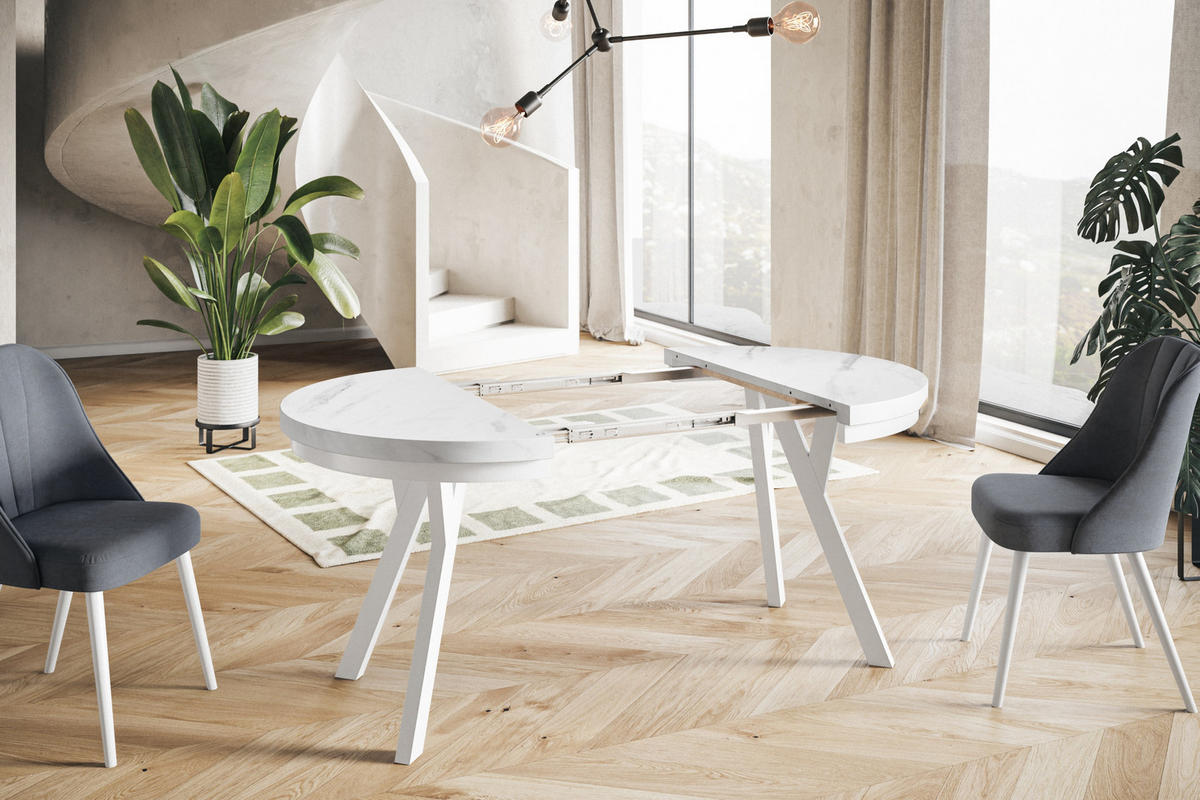 ESSZIMMERTISCH EVO, ausziehbarer Tisch 120 cm bis 220 cm, Farbe: MARMUR, mit Holzbeinen in Farbe Weiß - Hellgrau/Weiß, Holzwerkstoff (120/120/77cm) - Alpi-Möbel