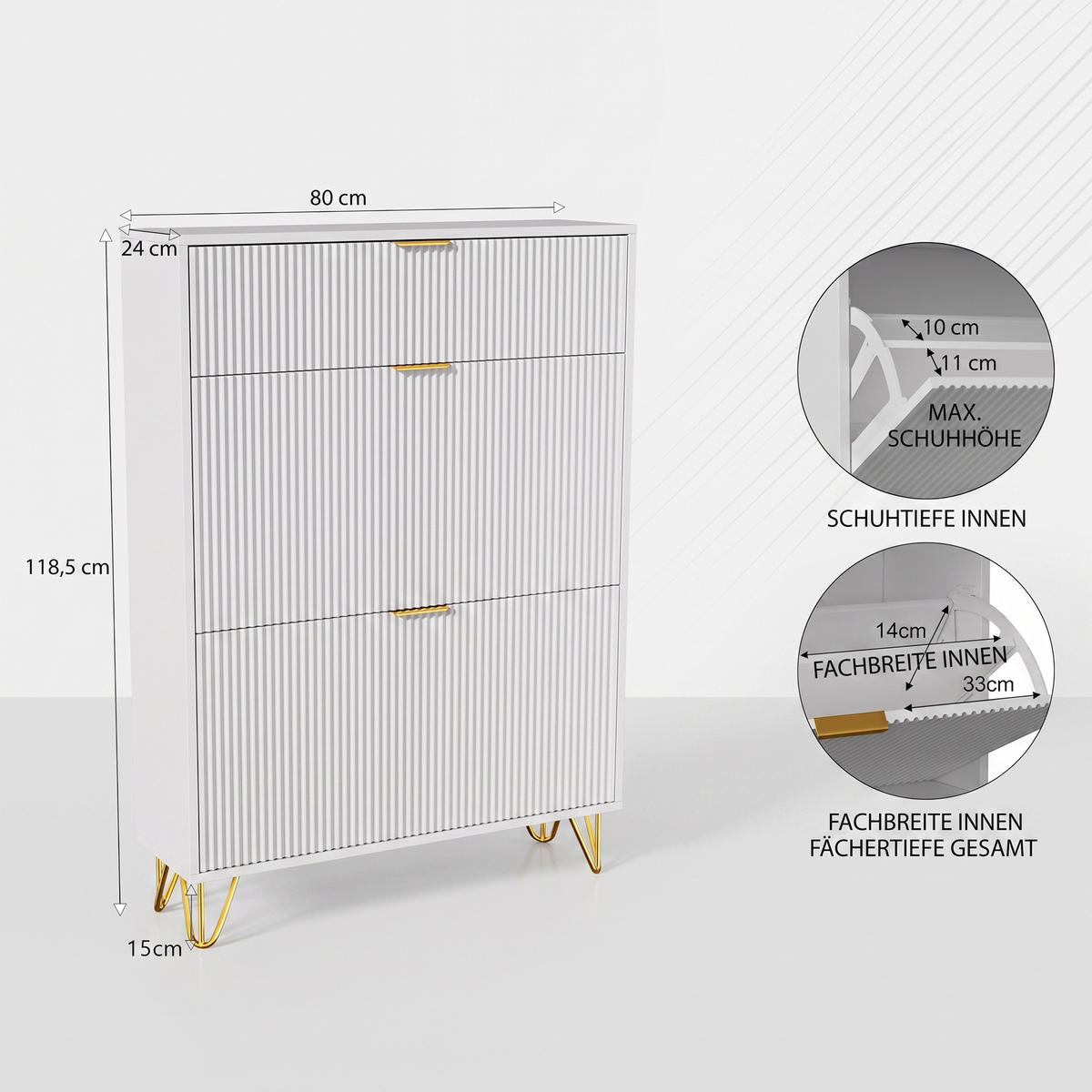 SCHUHSCHRANK mit 3 Türen und goldfarbenen Füßen, Flurschrank, 80 x 24 x 118 cm, weiß - Goldfarben/Weiß, Holzwerkstoff/Metall (24/118/80cm) - GENKI LIVING