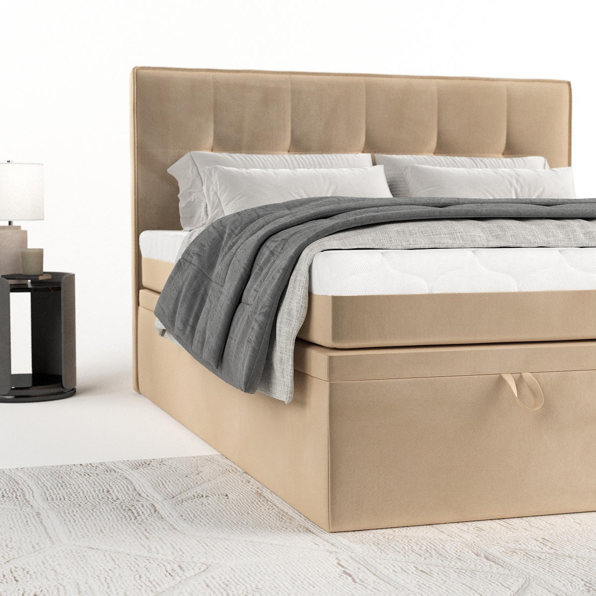 BOXBETT Arivo 200/200 cm Beige im Kronos Stoff - Beige/Schwarz, Holz/Holzwerkstoff (200/200cm) - AltaBeds
