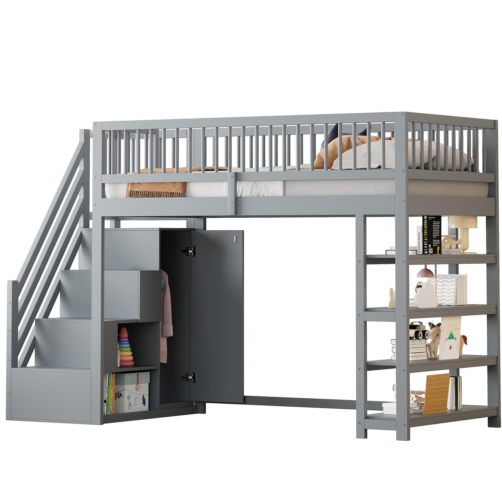 HOCHBETT 90x200 Grau Massivholz Schrank Stauraum - Grau, Holz (90/200cm) - FLIEKS