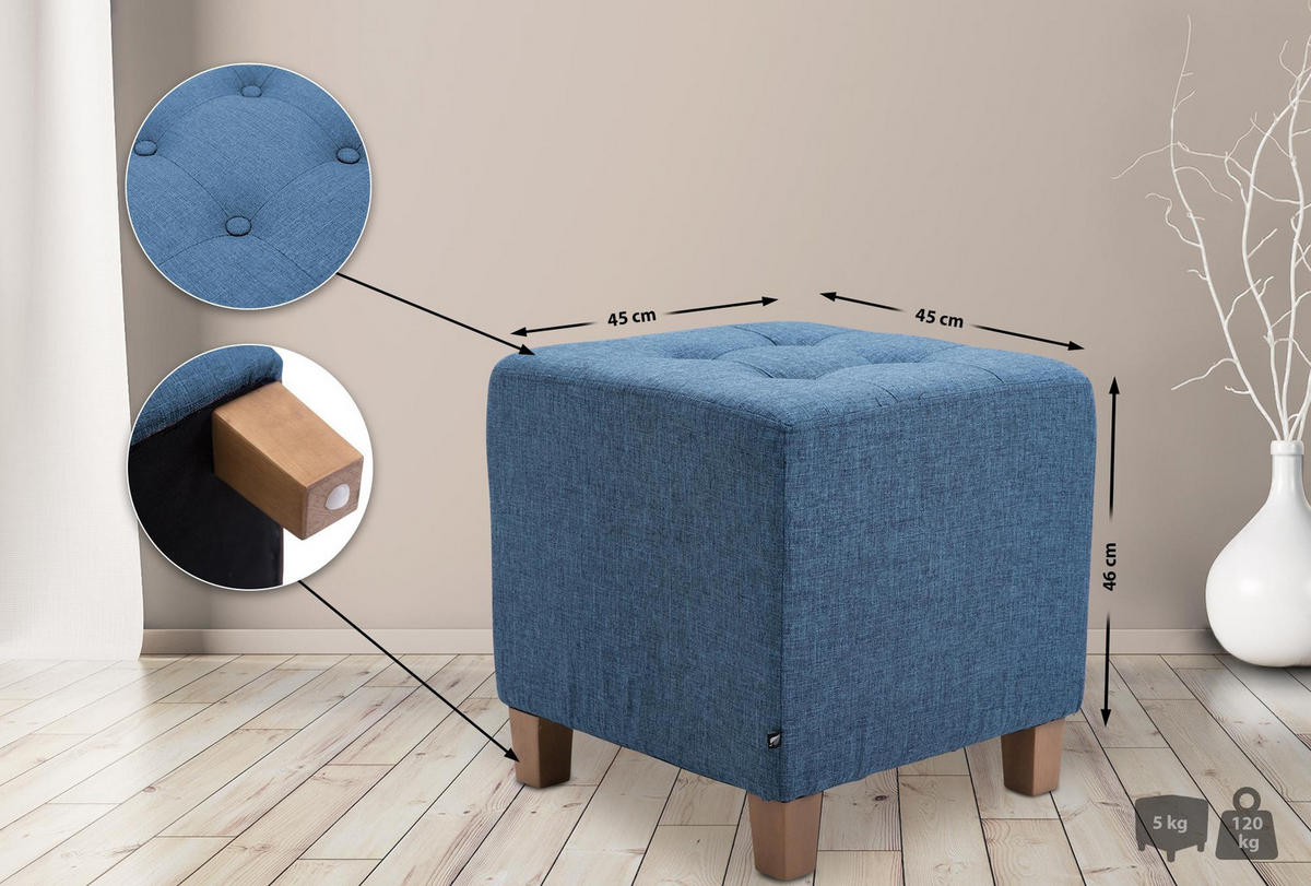 SITZWÜRFEL eckig 45/45/46 cm Stoff blau - Blau/Naturfarben, Holz/Textil (45/46/45cm) - CLP