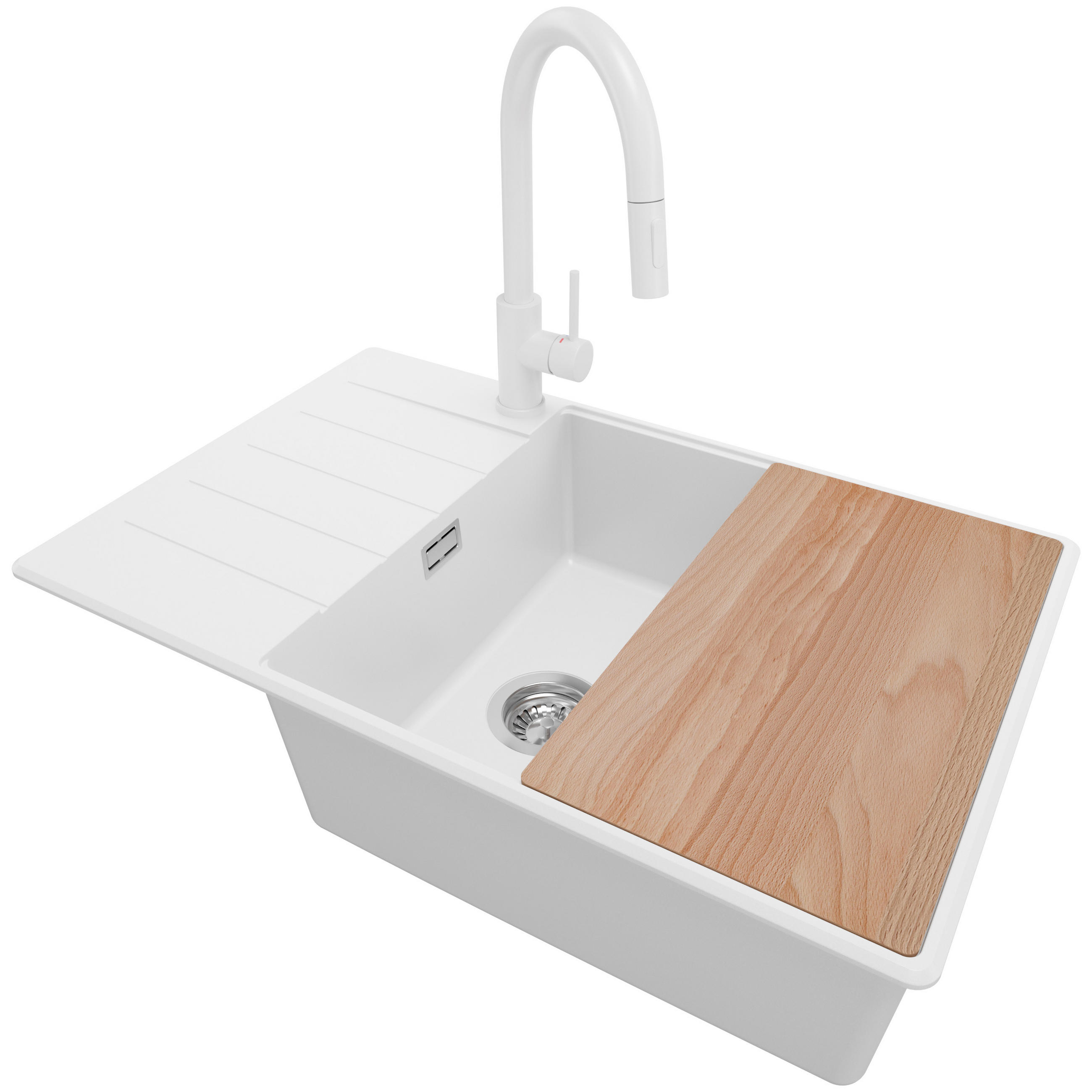 GRANITSPÜLE Kopenhagen, 2-er set Weiß 78/50 cm 1 Becken + Küchenarmatur 40/20 cm + Ablauf-Set + Schneidebrett ab 60er Unterschrank - Chromfarben/Beige, Kunststoff (78/20/50cm) - Primagran