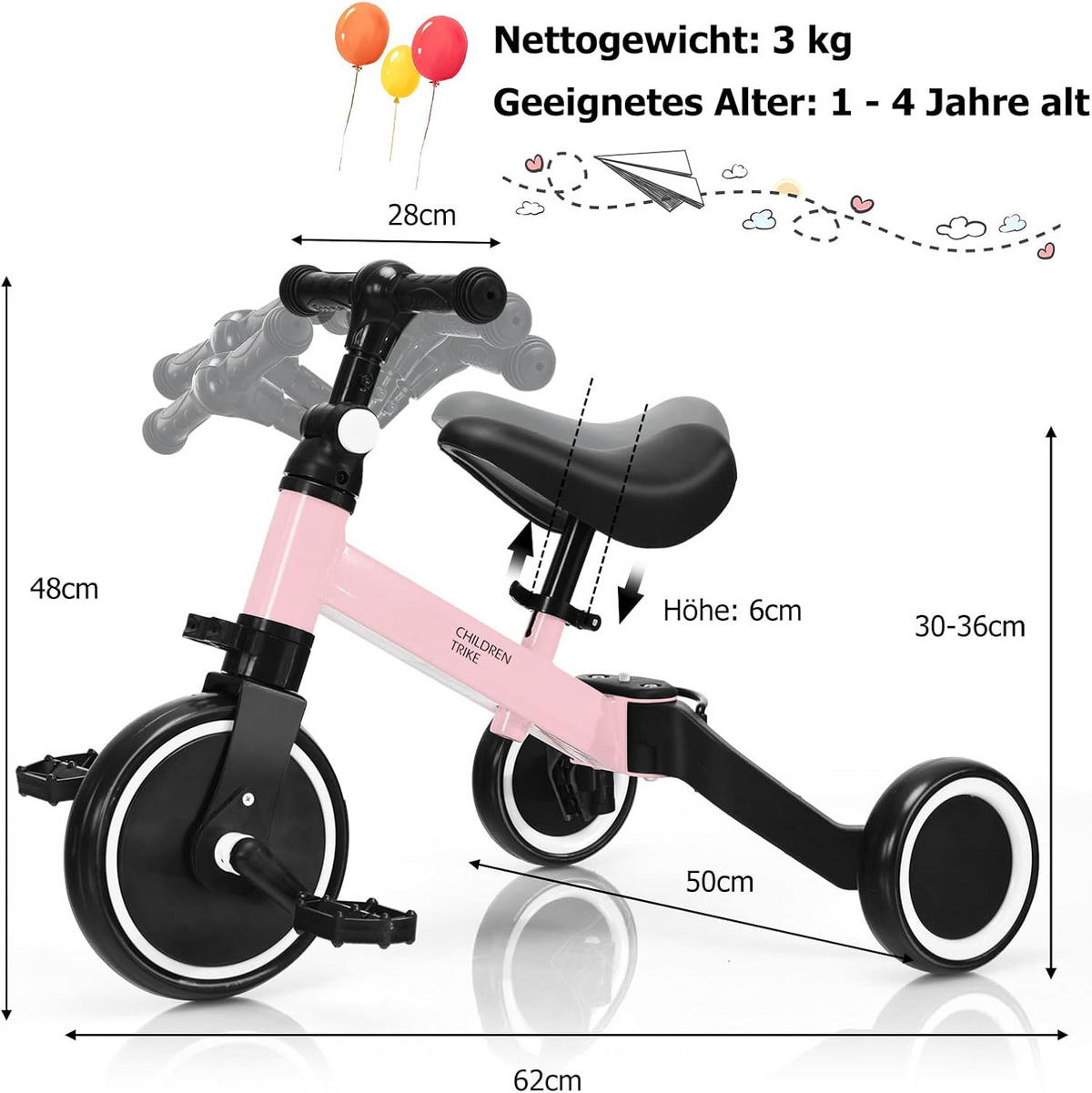 DREIRAD Kinder Pink - Pink, Metall (50/62/48cm) - COSTWAY