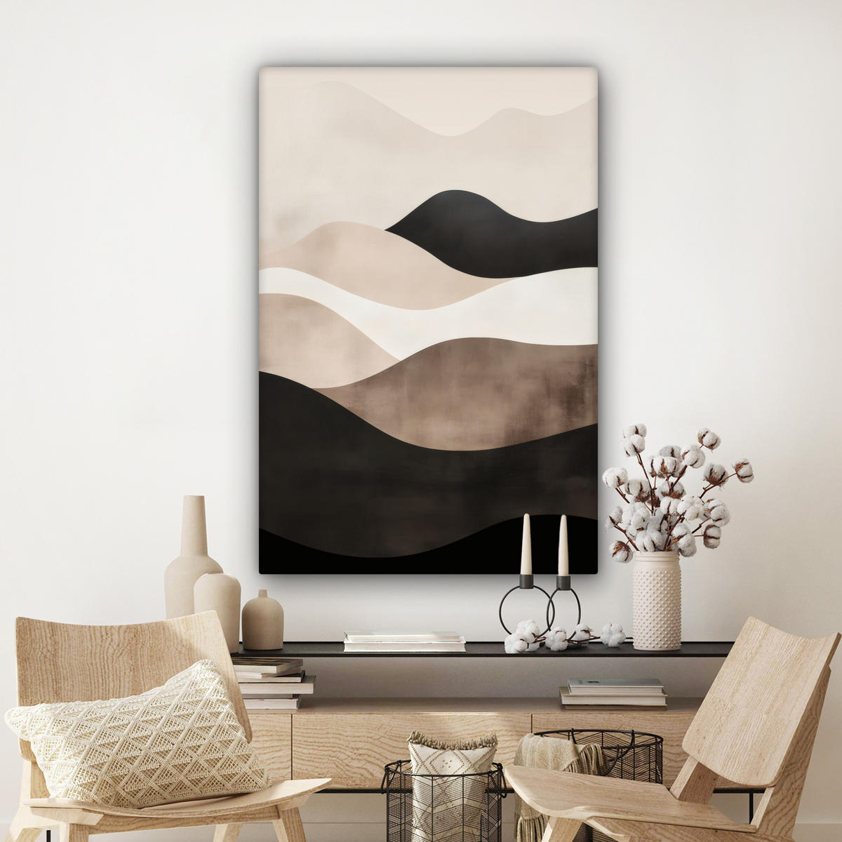 LEINWANDBILD Abstrakt - Landschaft - Wellen - Cremefarben Deko Groß 90x140 cm - Cappuccino, Textil (90/140cm) - MuchoWow