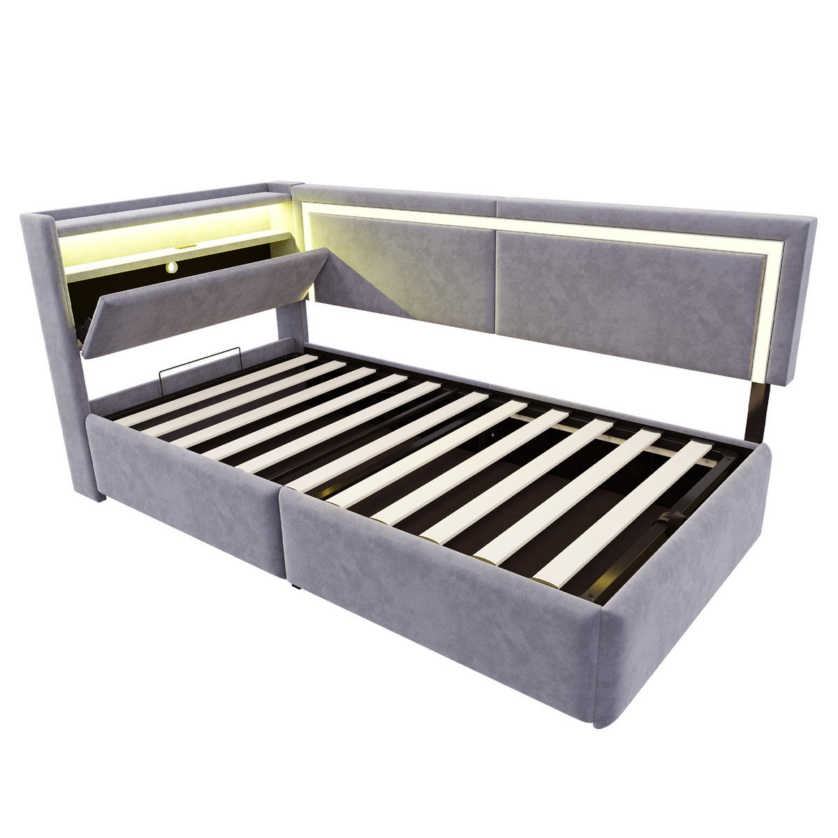 POLSTERBETT 90/200 cm hellgrau aus Samt mit LED und USB Stauraum - Hellgrau, Textil (90/200cm) - OKWISH