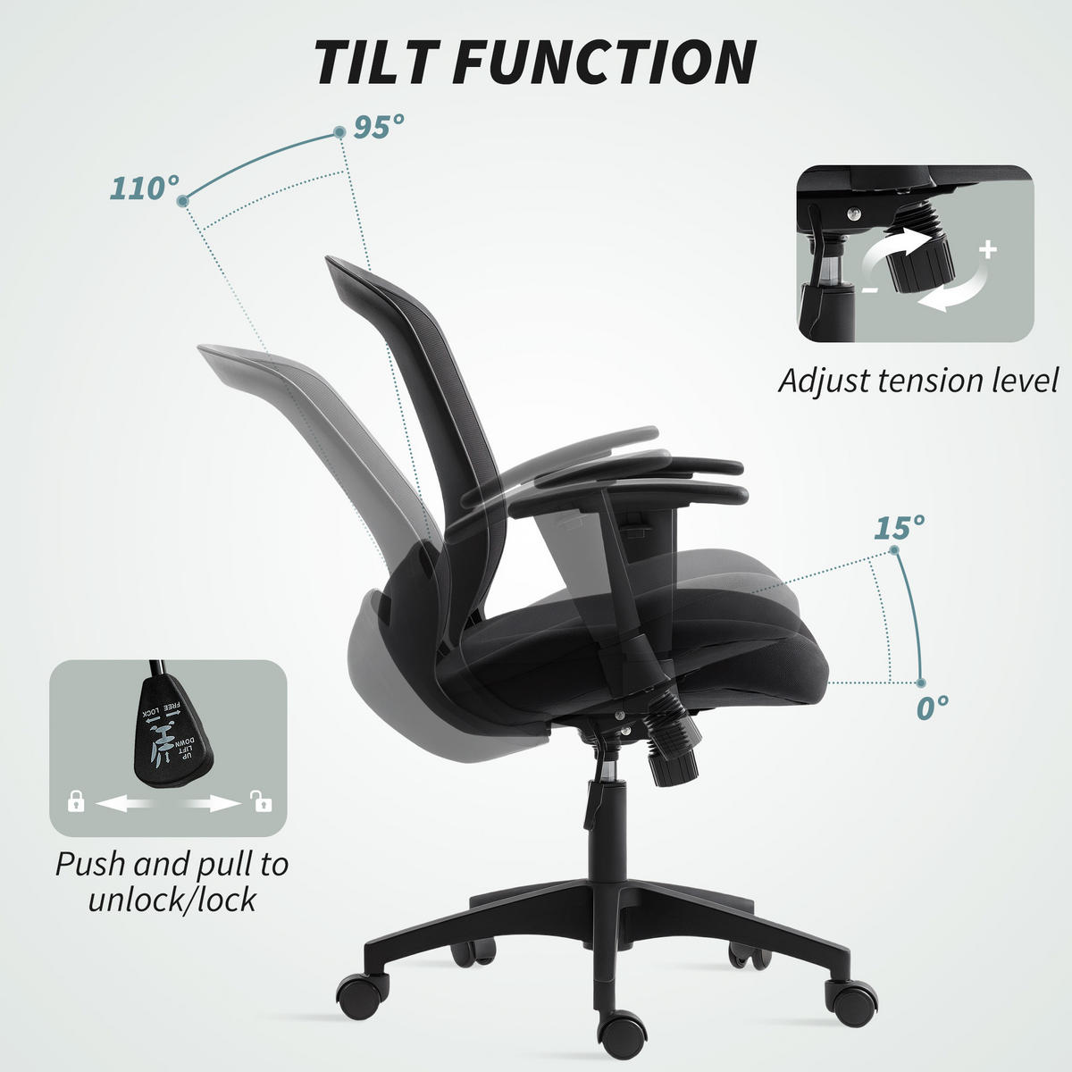 NETZ-BÜROSTUHL Verstellbarer Schreibtischstuhl mit Netzstoff-Rückenlehne Schwarz - Schwarz, Textil (59/102.5/65cm) - HOMCOM