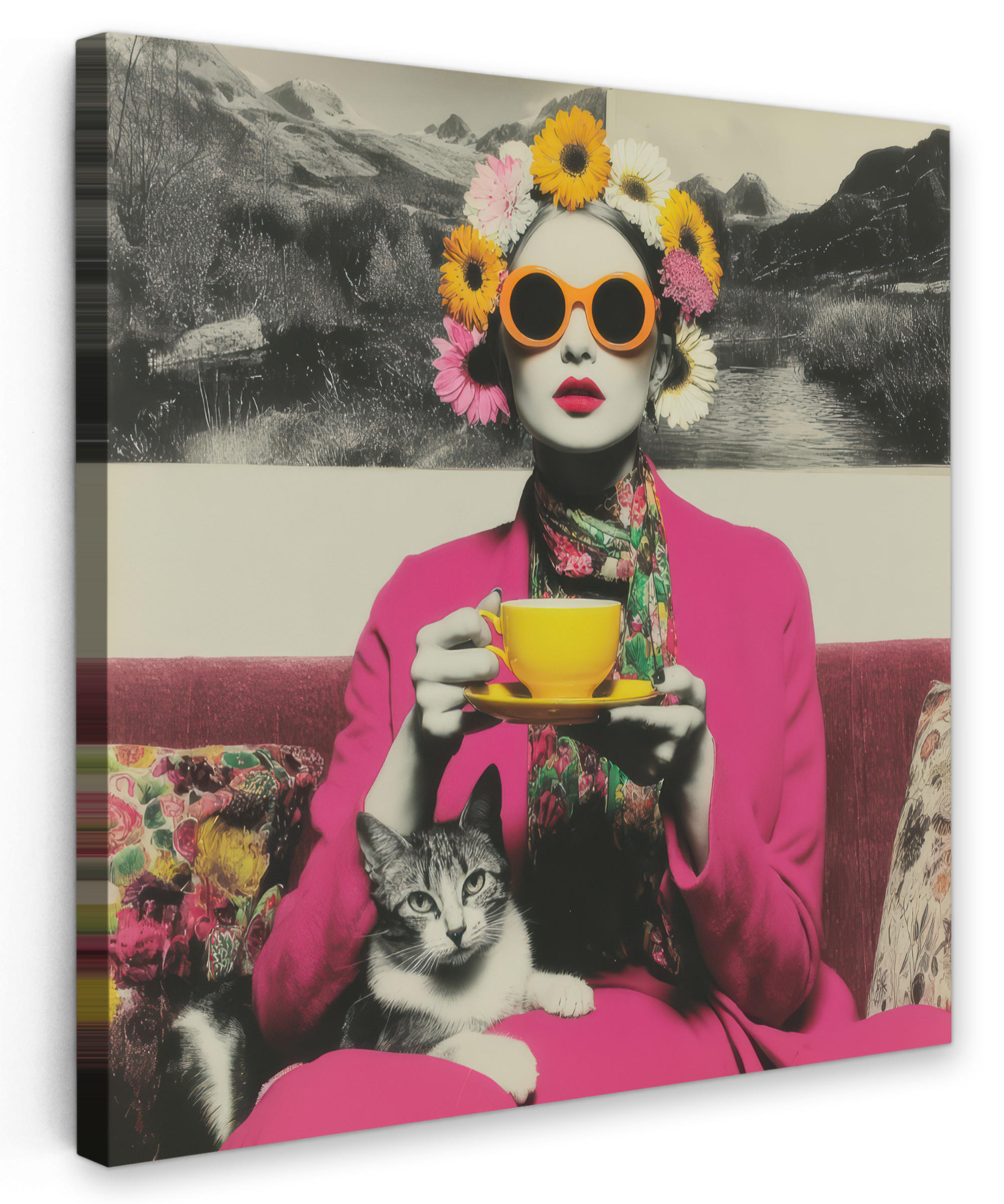LEINWANDBILD Frau - Katze - Blumen - Tasse - Retro Wandbild Wohnzimmer 50x50 cm - Magenta, Textil (50/50cm) - MuchoWow