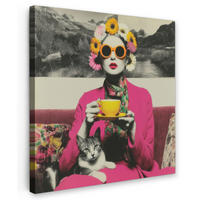 LEINWANDBILD Frau - Katze - Blumen - Tasse - Retro Wandbild Wohnzimmer 50x50 cm - Magenta, Textil (50/50cm) - MuchoWow
