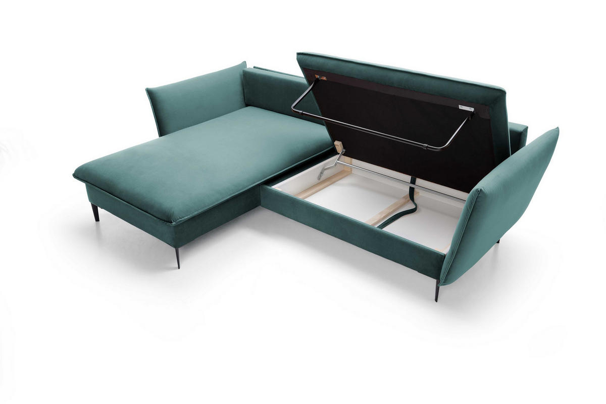 ECKSOFA SOLE Grün Plüsch-Stoff mit Schlaffunktion - Grün, Holz (258/167cm) - MASSENO