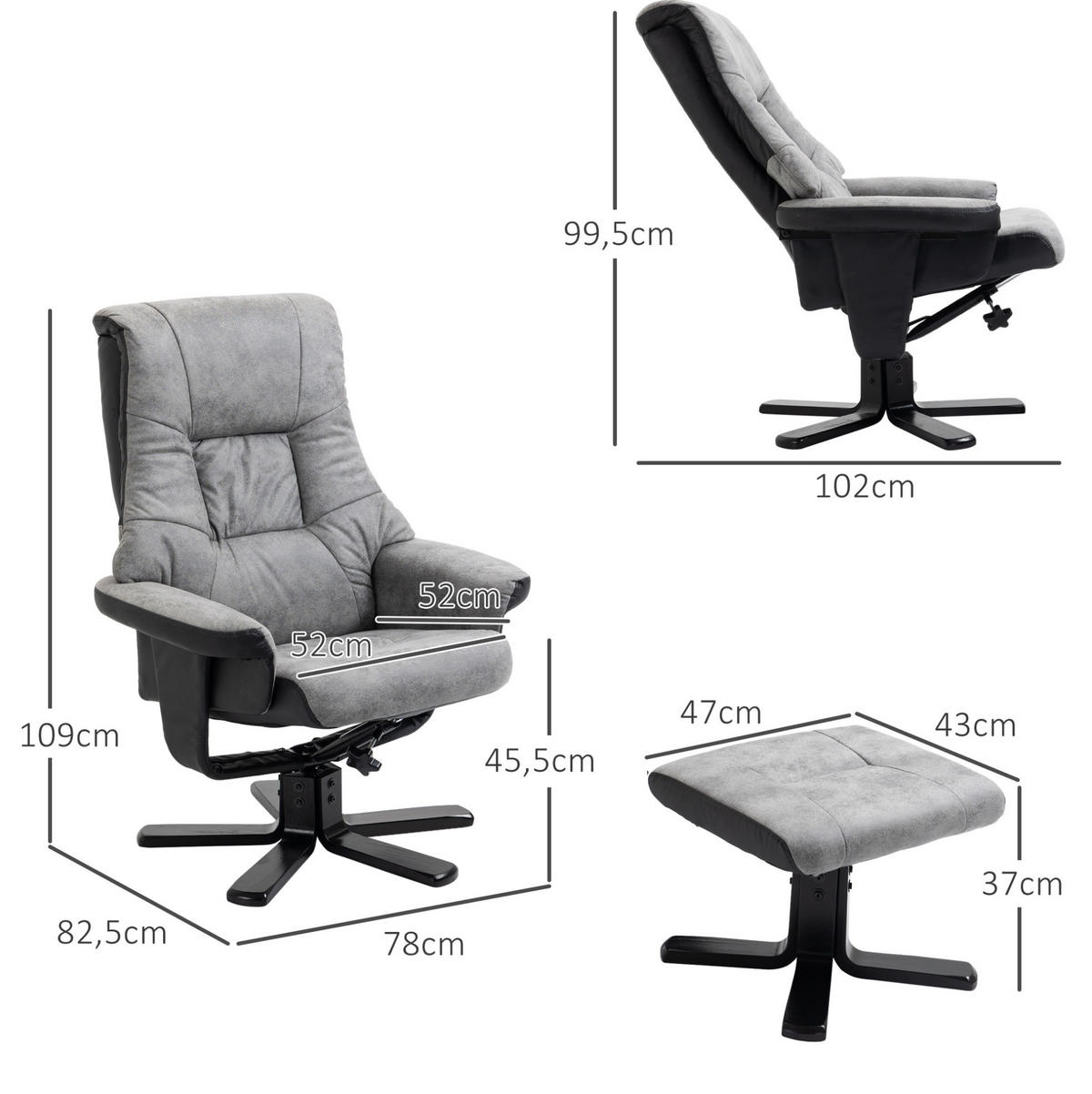 RELAXSESSEL 78/82,5/109 cm in Grau mit Hocker und Liegefunktion - Grau, Textil (82.5/109/78cm) - Flora Grace