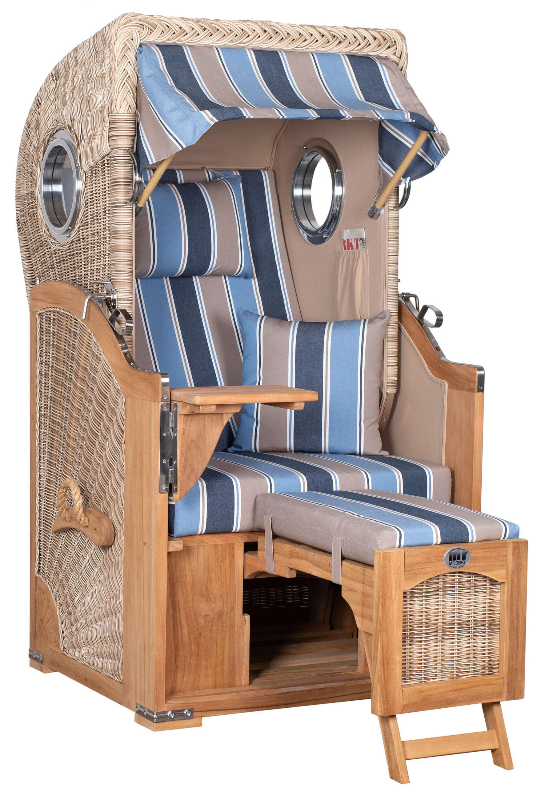 STRANDKORB Düne 1-Sitzer Teak 580 - Blau/Braun, Holz/Textil (98/165/80cm) - Mr. Deko
