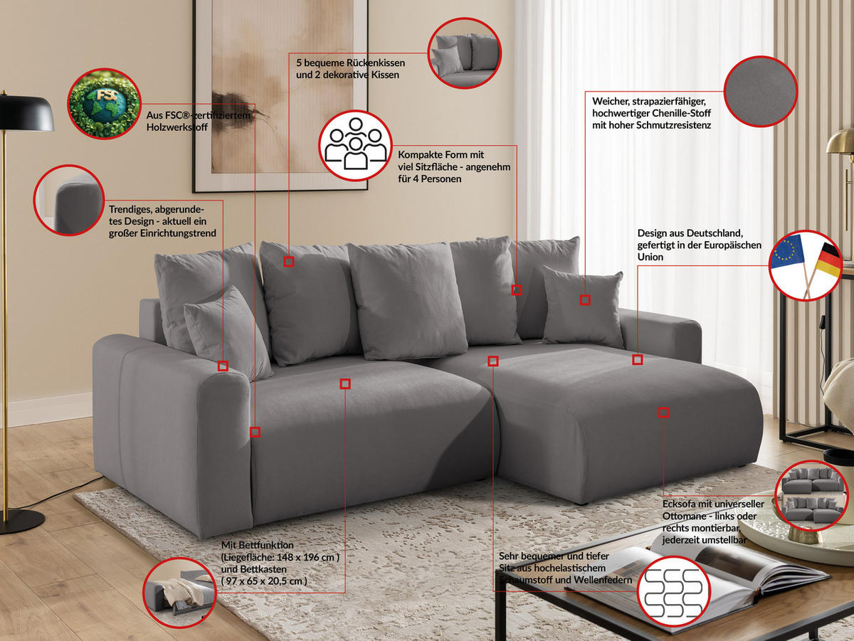 ECKSOFA Calma mit Schlaffunktion und Bettkasten im Bumpy-Design aus weichem Taupe Webstoff - Ottomane rechts - Taupe/Schwarz, Holz/Kunststoff (140/239cm) - S-Style