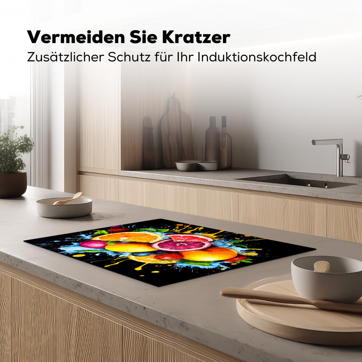 HERDABDECKPLATTE Obst - Graffiti - Bunt - Orange - Erdbeere - Abstrakt 70x52 cm - Orange, Kunststoff (70/0.2/52cm) - MuchoWow