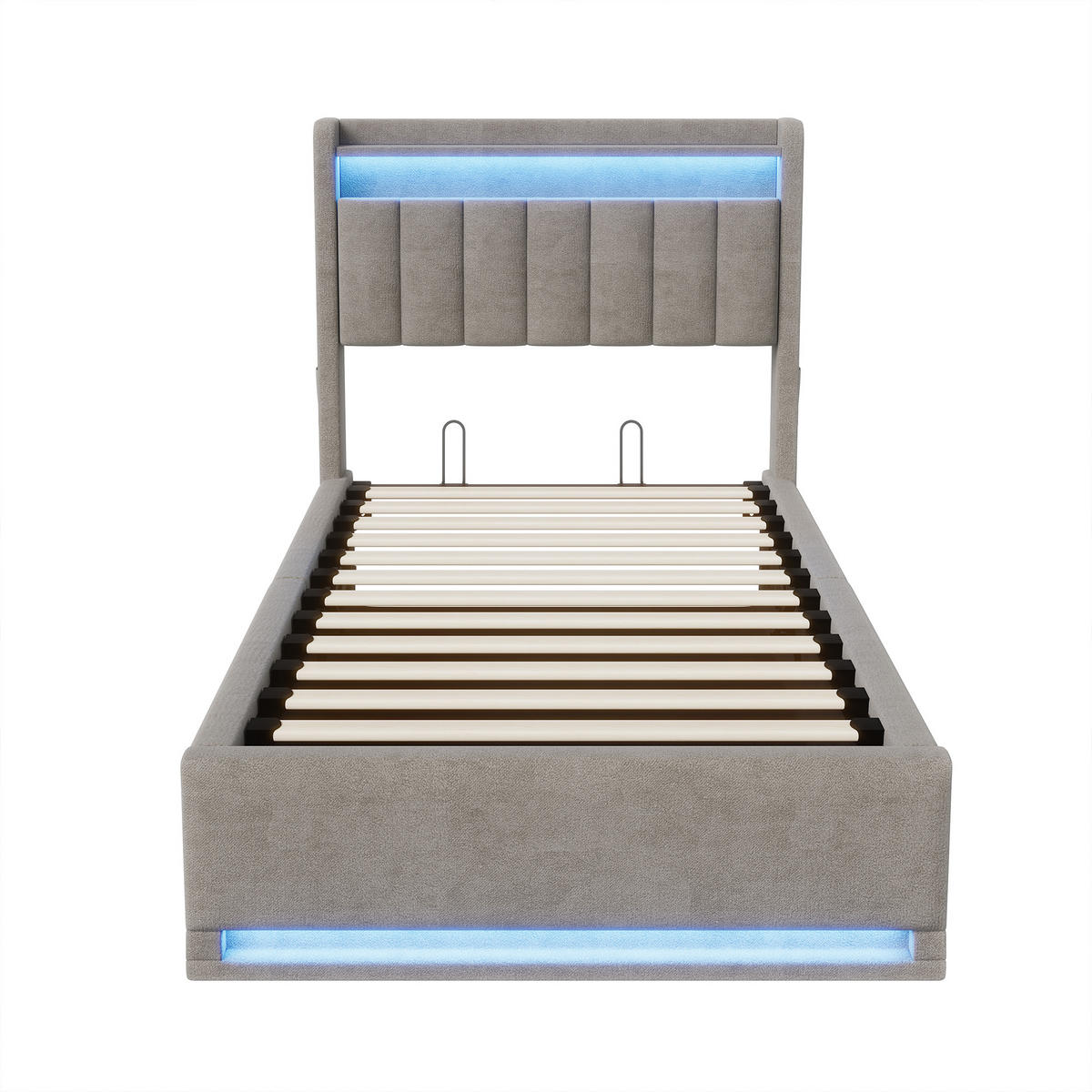 POLSTERBETT 90x200 cm mit LED, USB Und Type-C, Einzelbett mit Bettkasten 90x200, Stauraum, Grau Samt - Grau, Textil/Metall (90/200cm) - GENKI LIVING