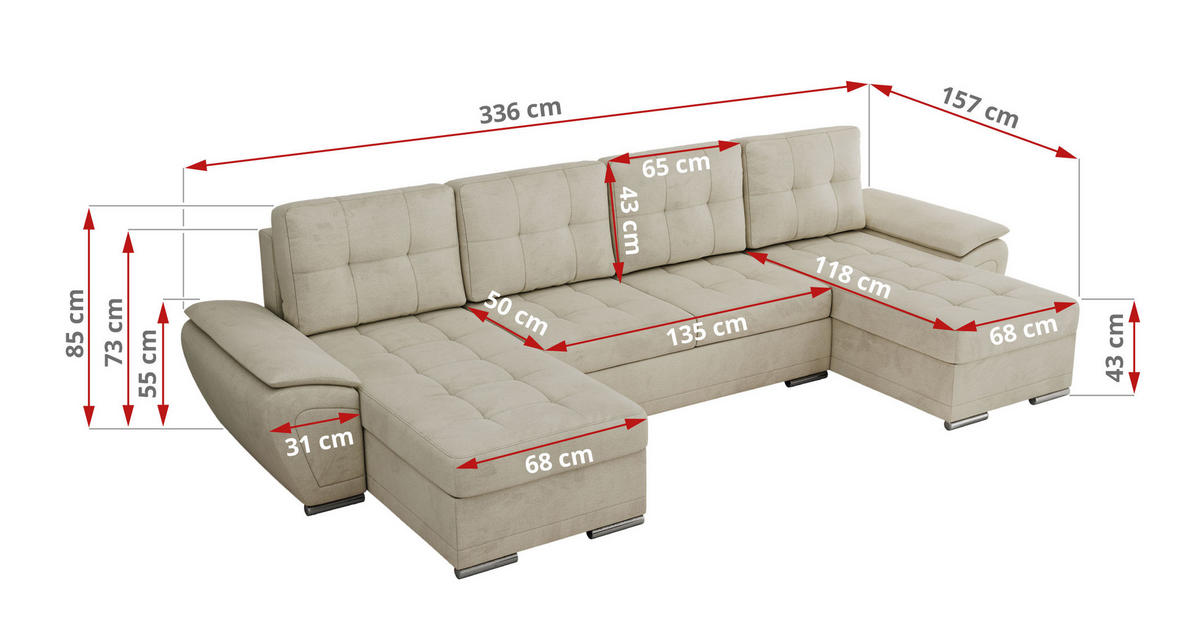WOHNLANDSCHAFT UMBRIA U Beige Velvet - Beige/Grau, Textil/Metall (336/85/157cm) - MKS