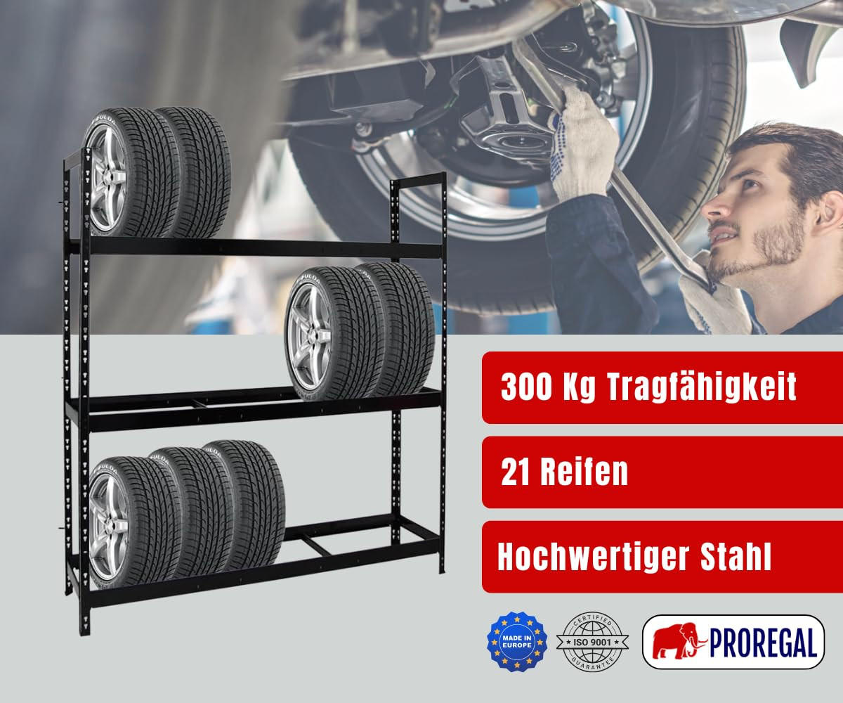 REIFENREGAL Tiger XL 200x180x45 cm 300 kg Fachlast bis zu 21 Reifen auf 3 Ebenen Schwarz - Schwarz, Metall (180/200/45cm) - PROREGAL