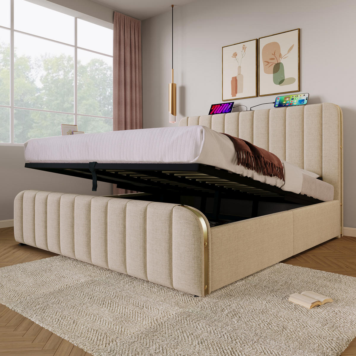 ČALOUNĚNÁ postel 180/200 cm béžová z lnu s USB-C, úložným prostorem a matrací - béžová, textil (180/200cm) - OKWISH